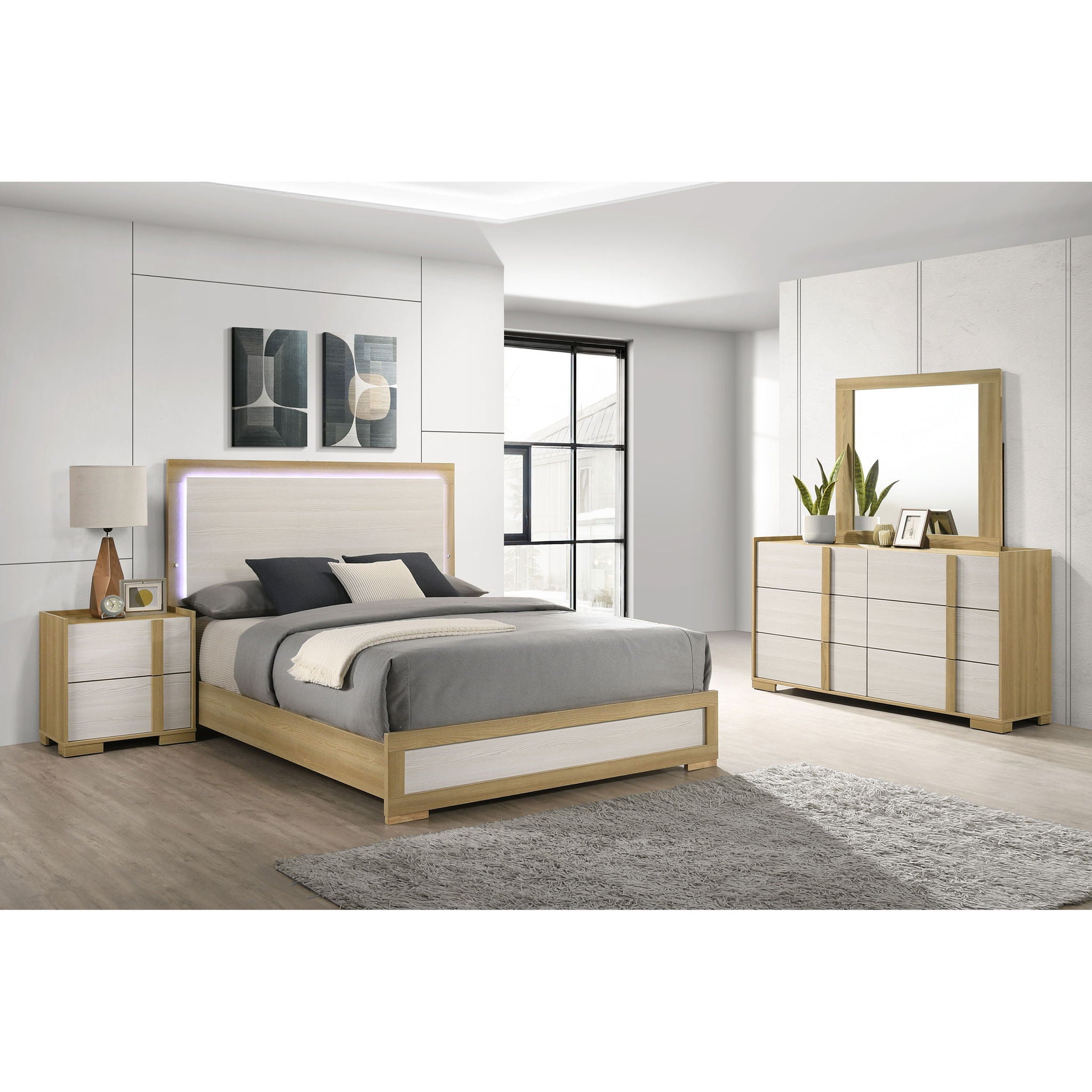 Lincoln - 4 Piece Queen Bedroom Set With LED Lighting - Natural