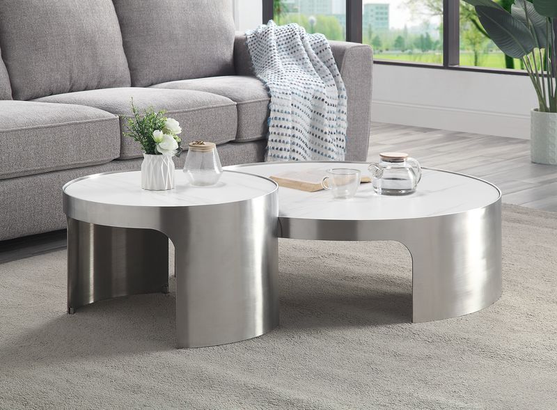 ACME Abilene - Coffee Table - Marble & Brush Silver Finish | Meri Furniture