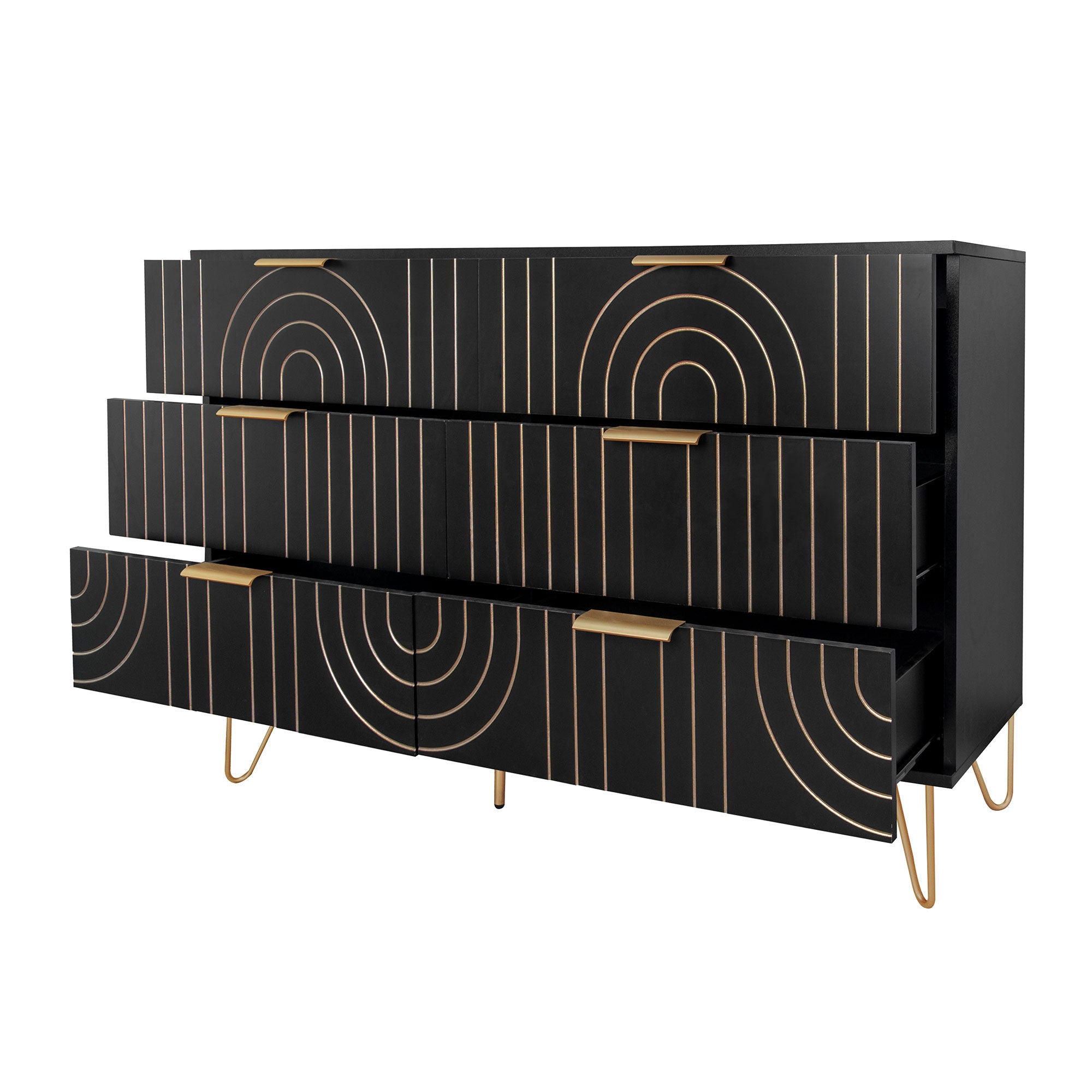 Modern 6 Drawer Dresser, Modern Dresser With Metal Handles, Storage Chest Of Drawer, Wide Dresser Drawer Organizers With Carving Design For Bedroom, Living Room, Hallway - Black