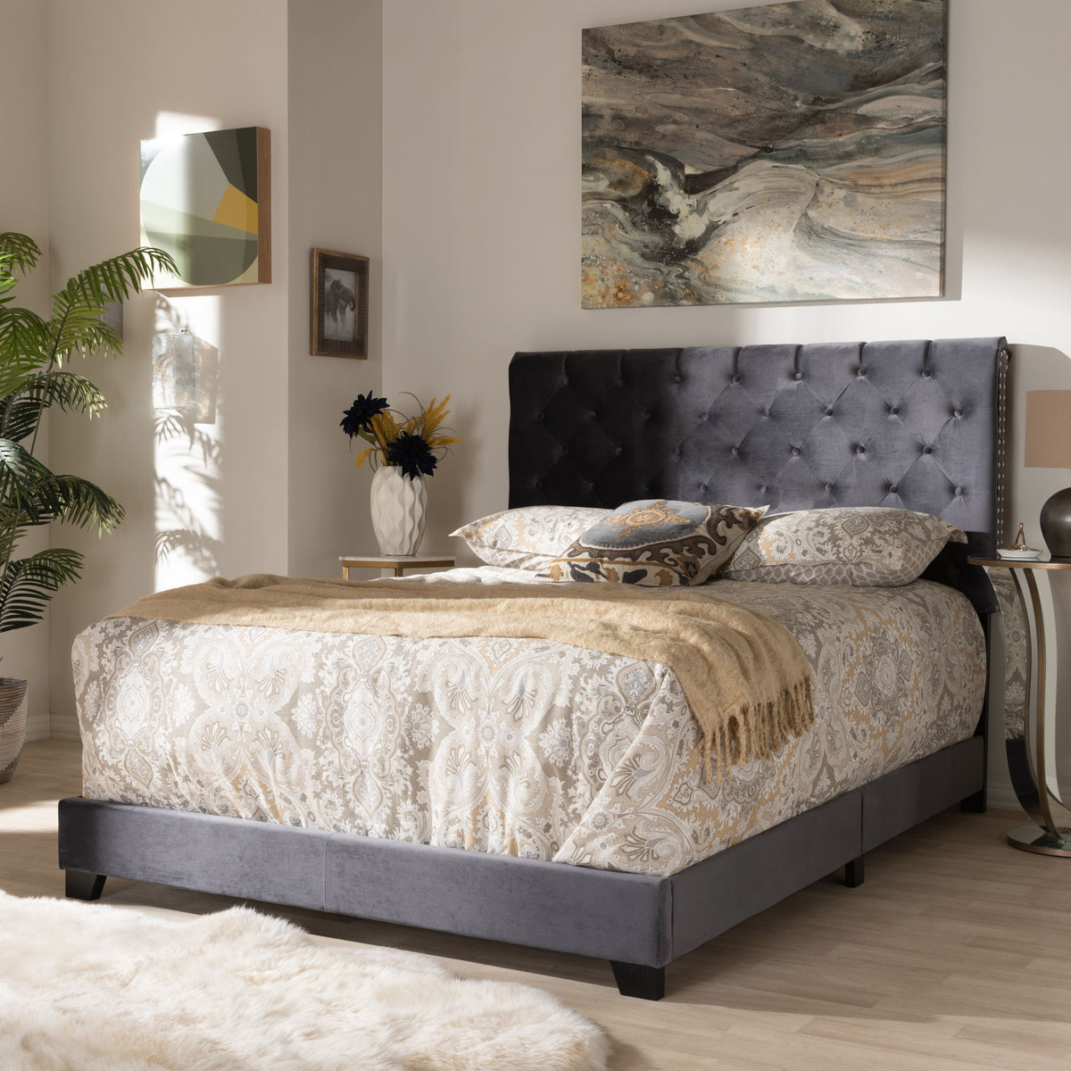 Candace Luxe and Glamour Dark Grey Velvet Upholstered King Size Bed
