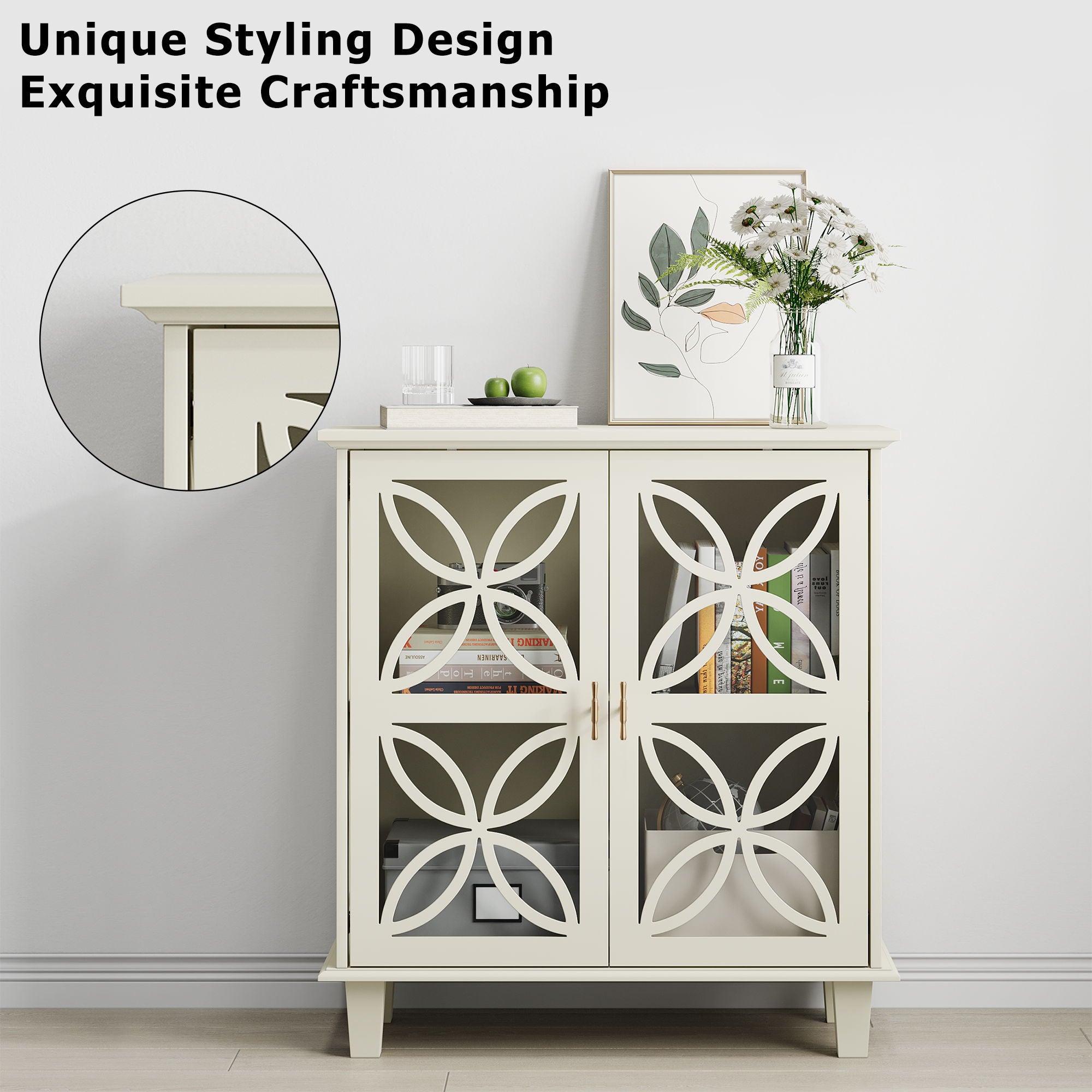 Modern Retro Sideboard Buffet Storage Cabinet With Adjustable Shelves And Tempered Glass Doors - Cream Color