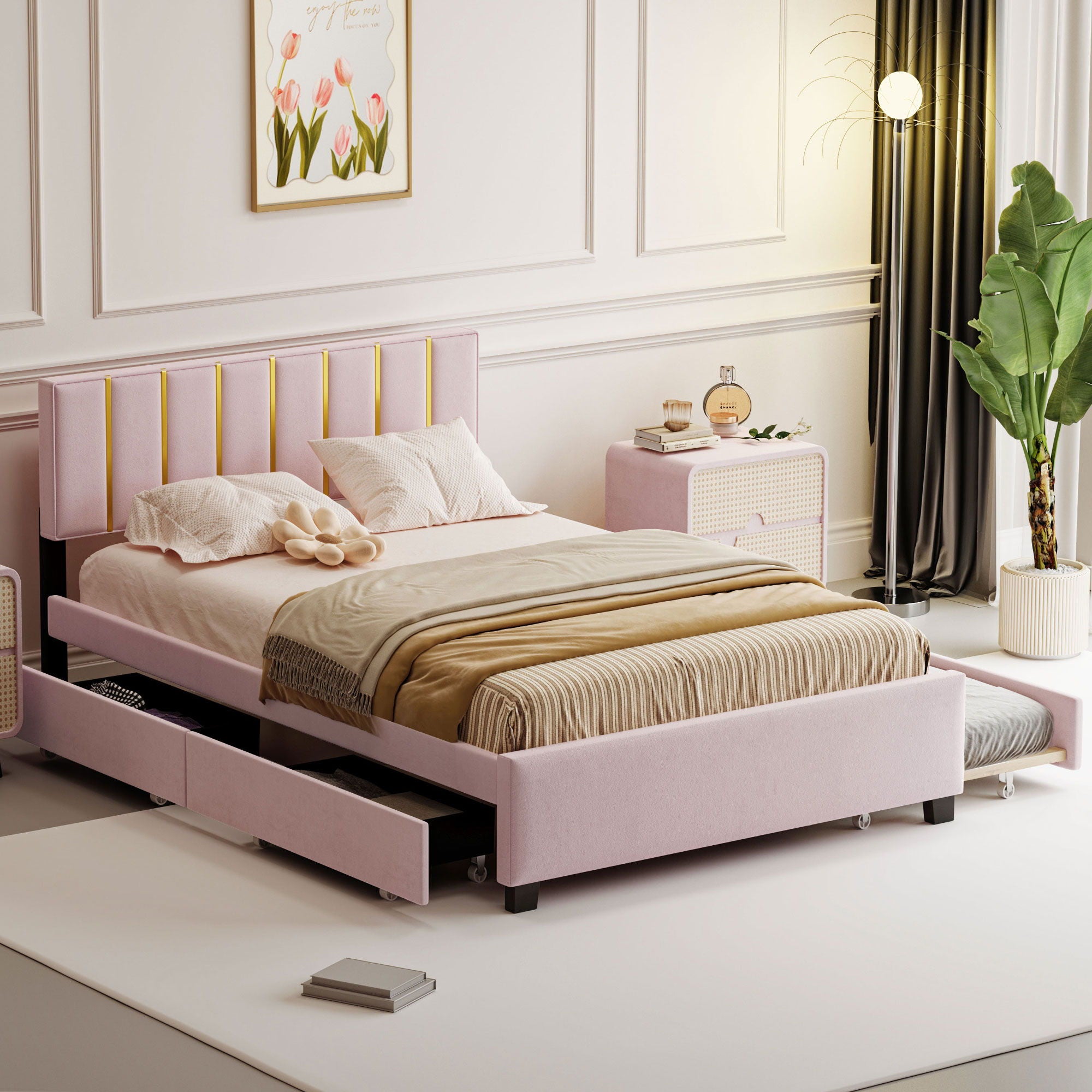Upholstered Platform Bed With 2 Drawers And 1 Trundle, Classic Strip Headboard Design