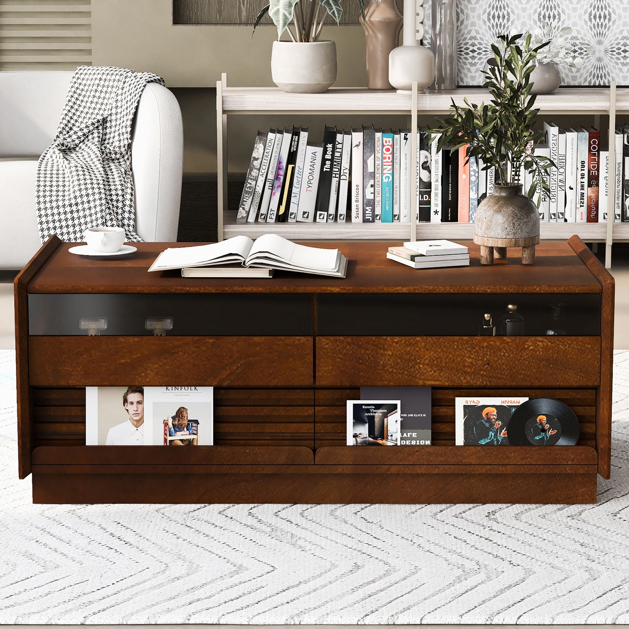 Modern Rectangle Coffee Table With 4 Drawers And 2 Display Shelves