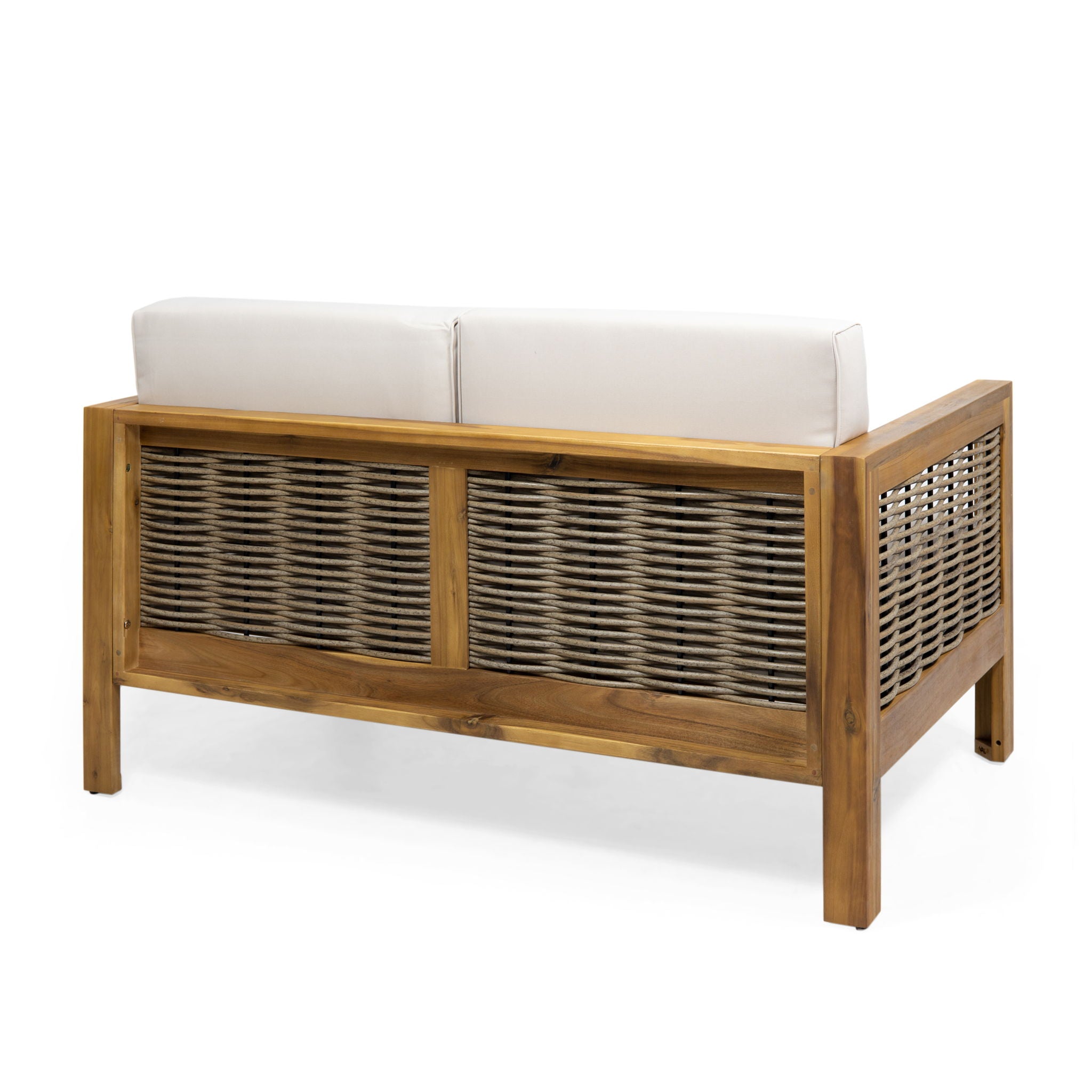 Outdoor 4 Seater Acacia Wood Chat Set With Wicker Accents And Cushions - Teak / Mixed Brown / Beige