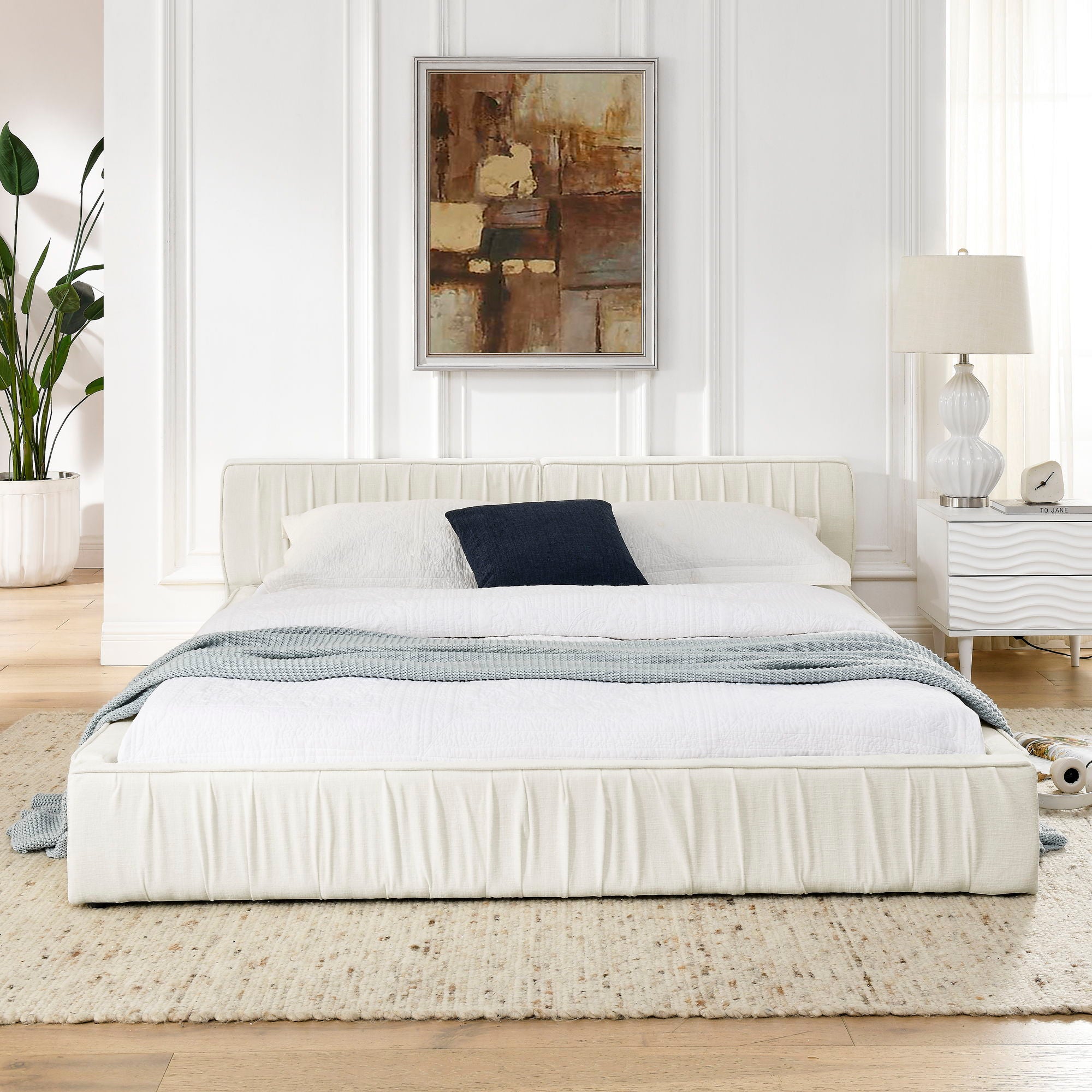 Modern Upholstered Platform Bed Frame With Pleated Design