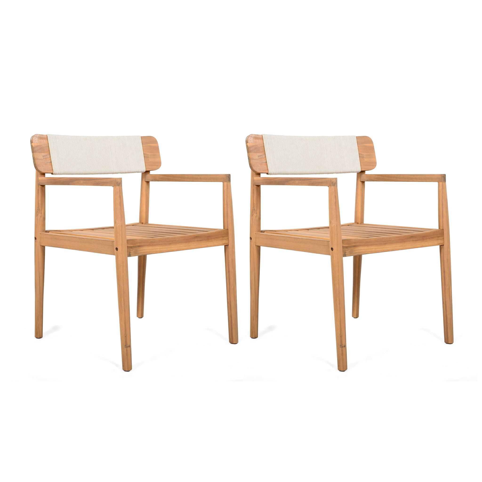 Creative Braided Acacia Wood Outdoor Dining Table And Chairs With Armrests (Set of 2) - Teak / White