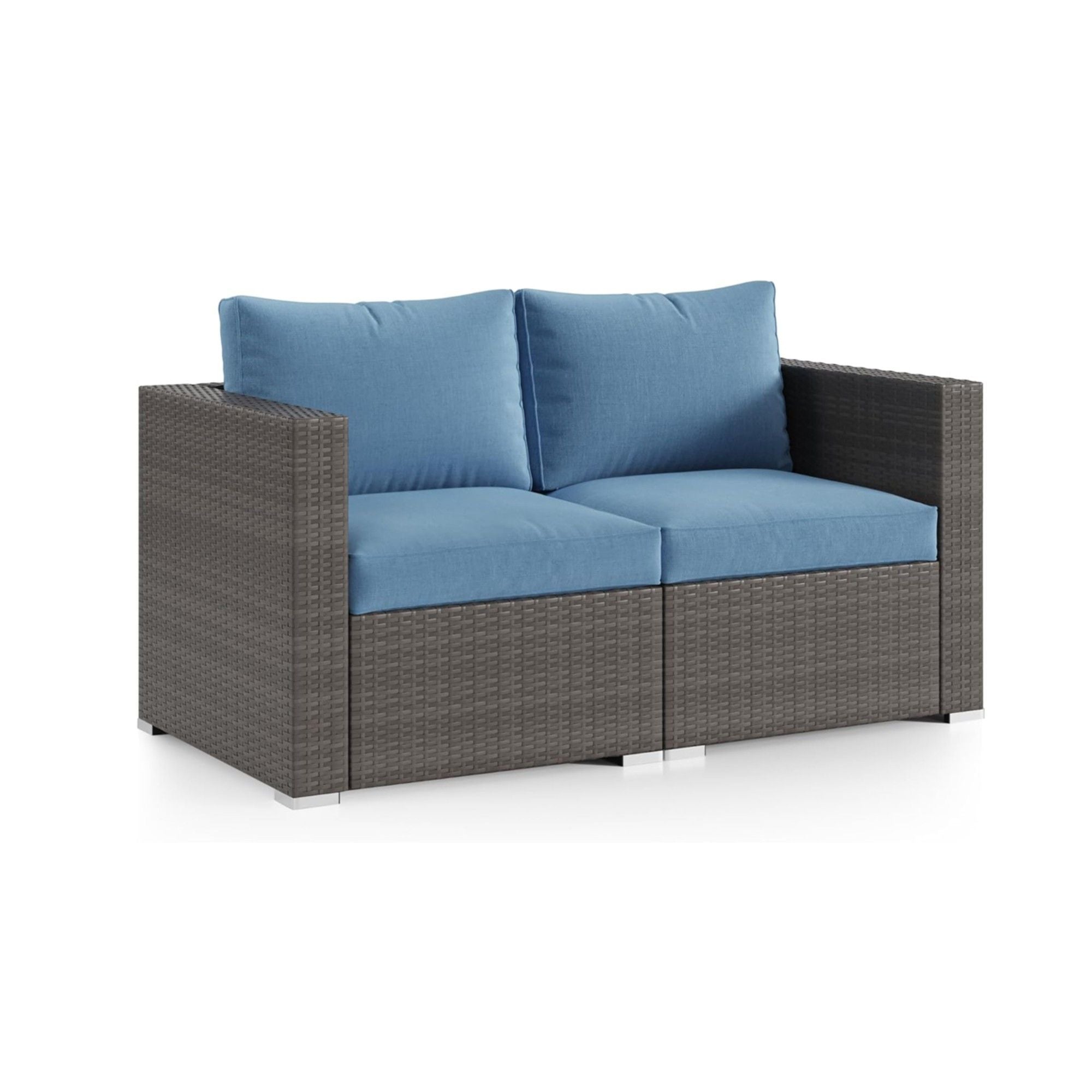 2 Piece Patio Loveseat Set With Thick Cushions, Outdoor Sectional Sofa For Balcony - Blue / Brown