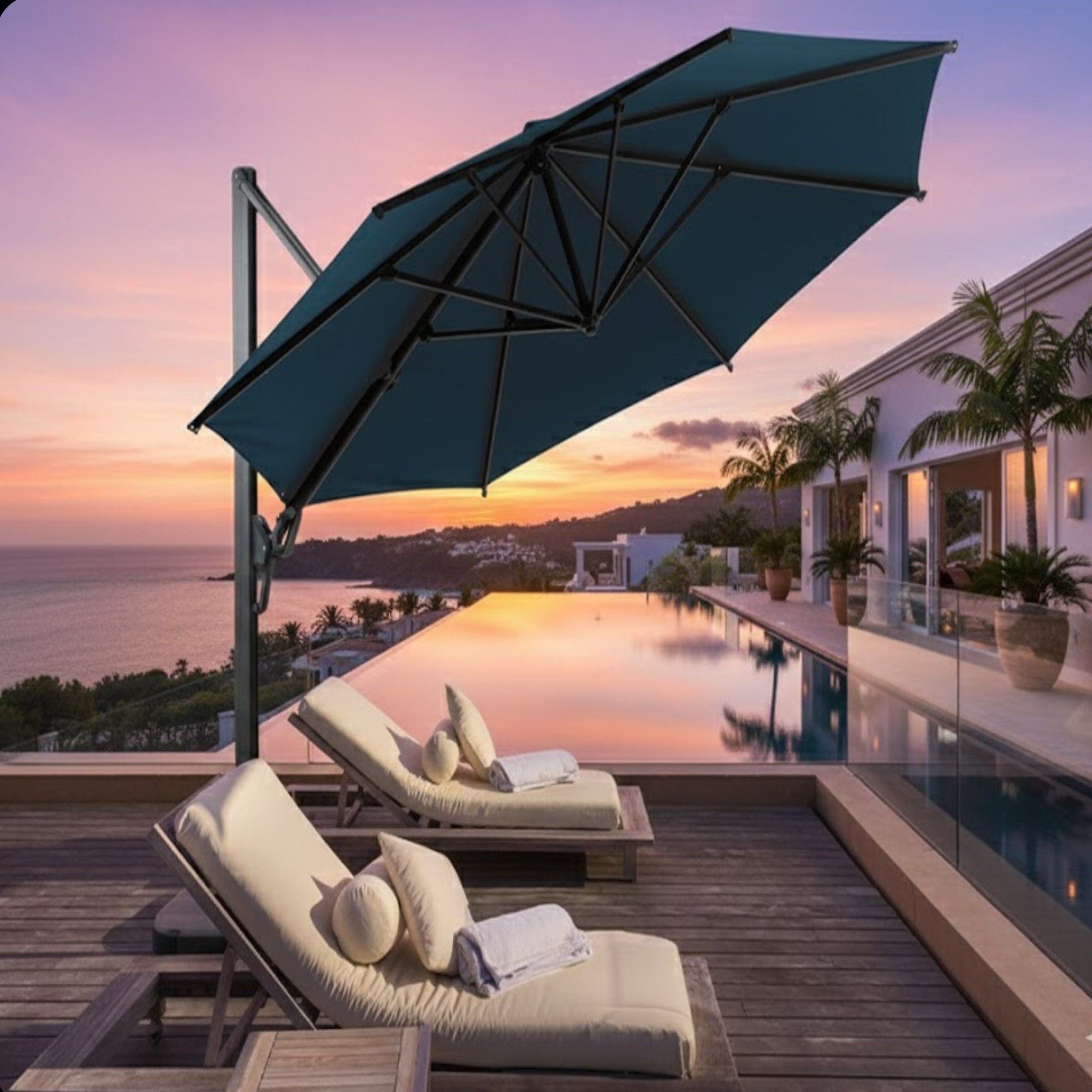 Round Cantilever Patio Umbrella With 360 Rotation & Infinite Tilt Adjustment