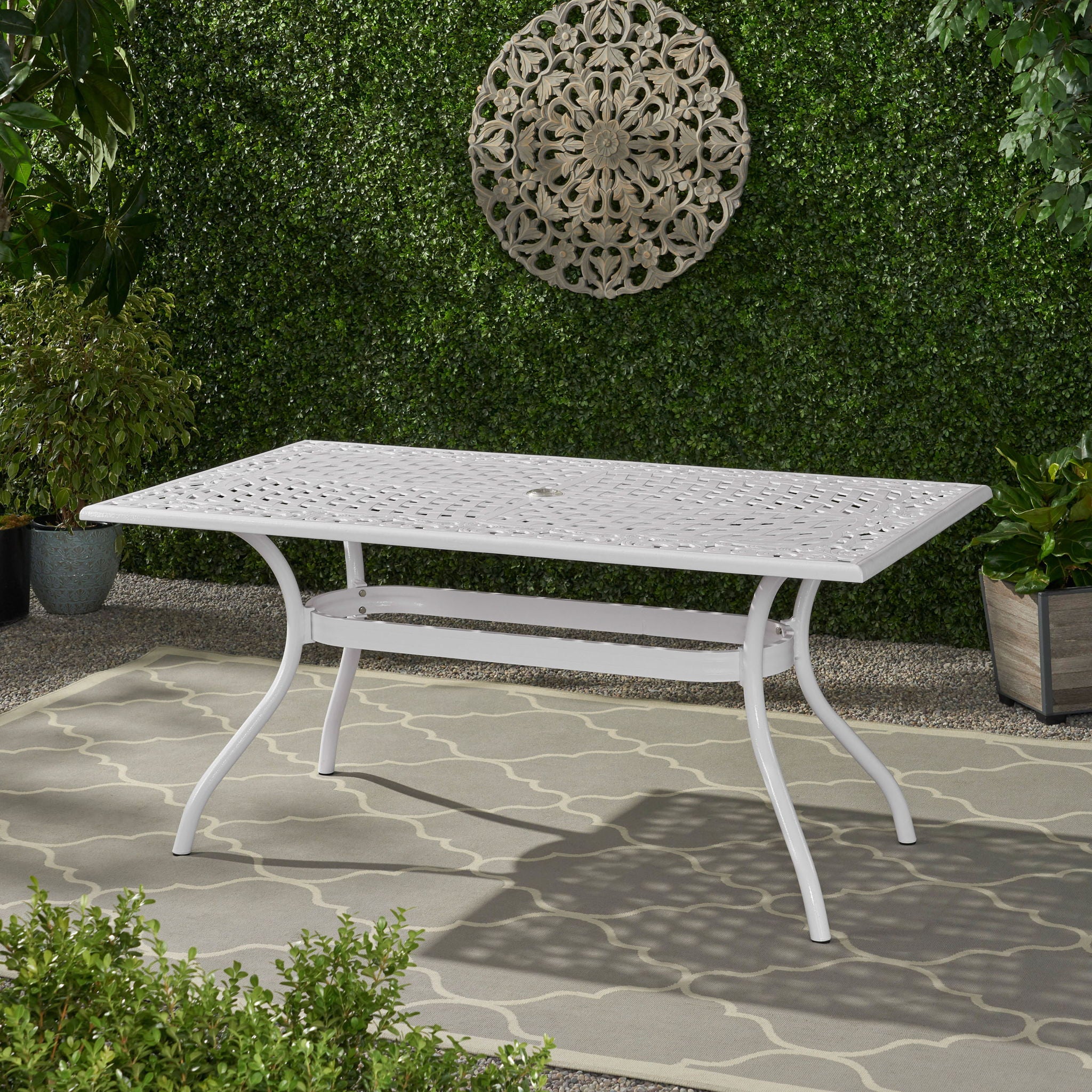 Celestine - Outdoor Cast Aluminum Dining Table With Floral Lattice Design And Umbrella Holder