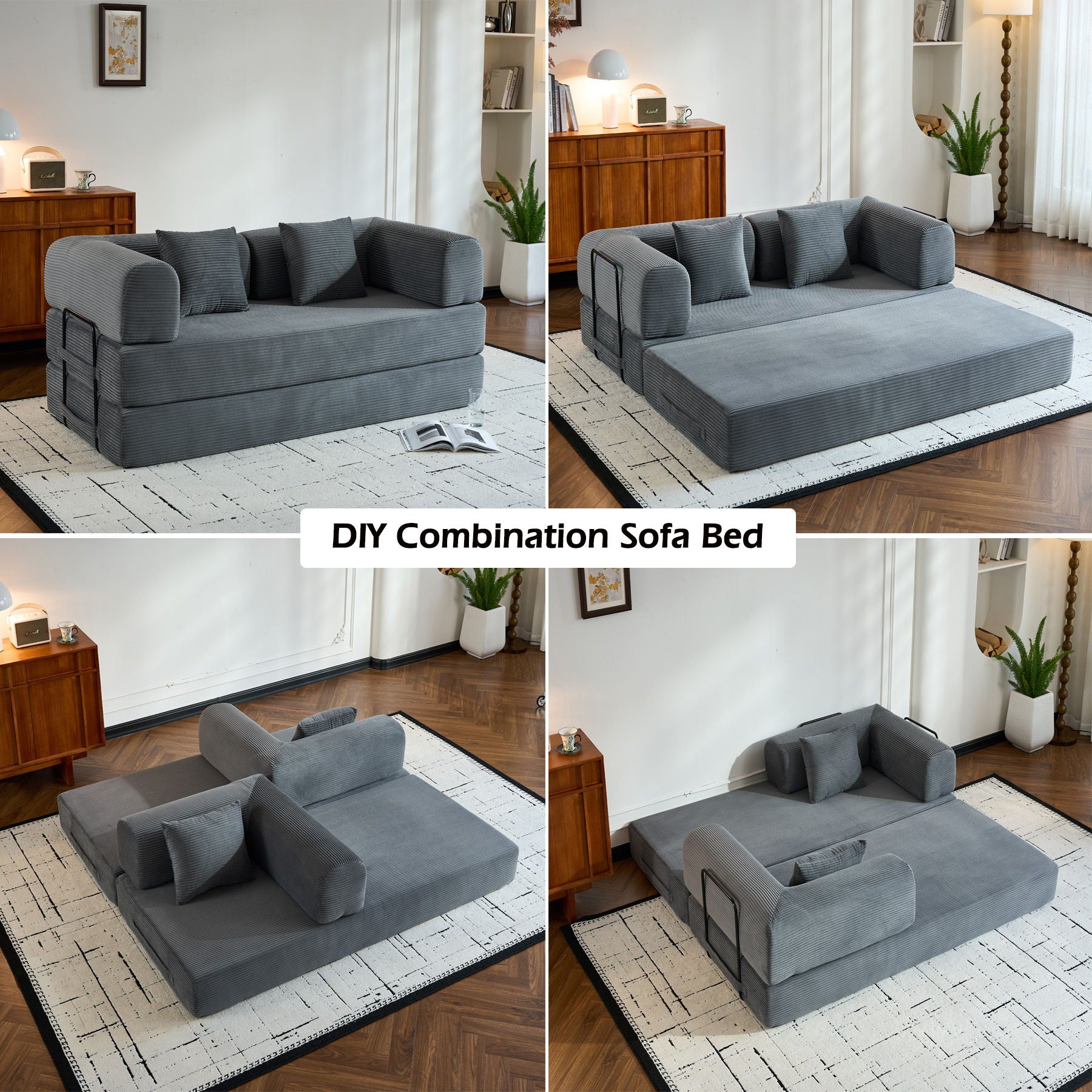 Convertible Sleeper Sofa Bed With Cylindrical Pillow, With Fixed Shape Frame