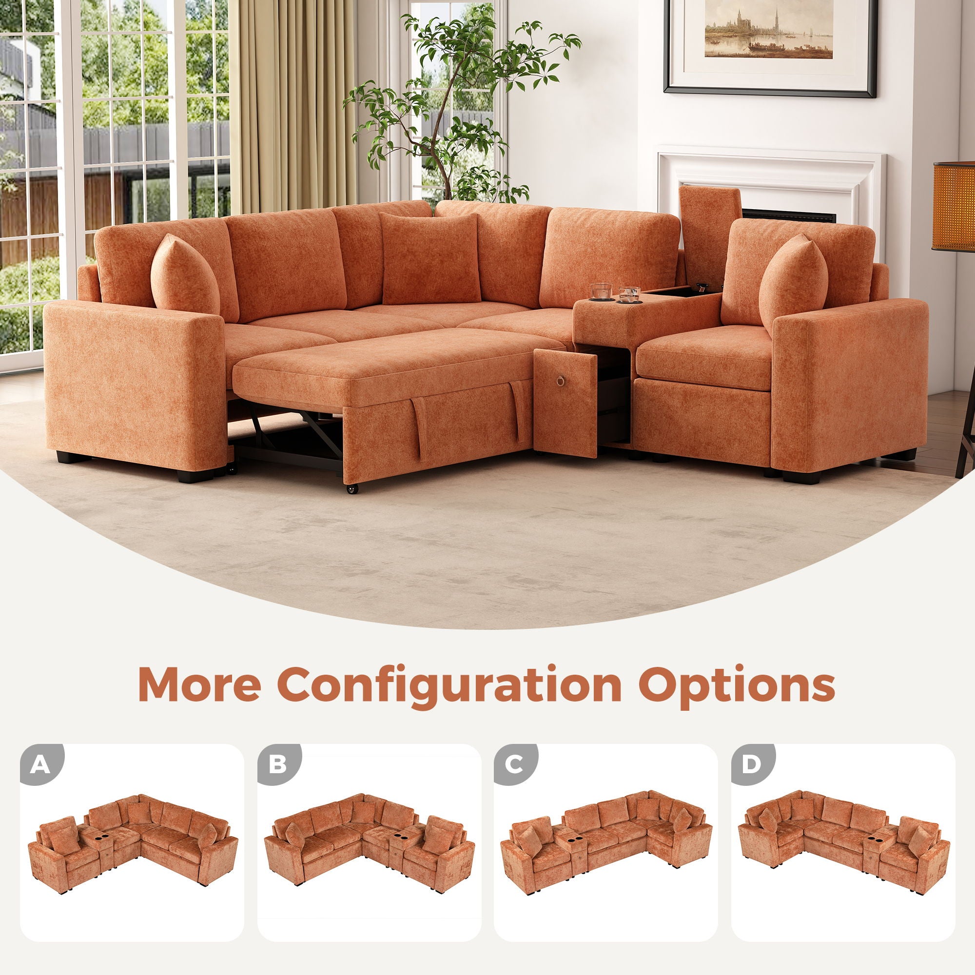 Contemporary L Shaped Convertible Sofa Bed With Pull Out Bed, Cup Holders, And Storage