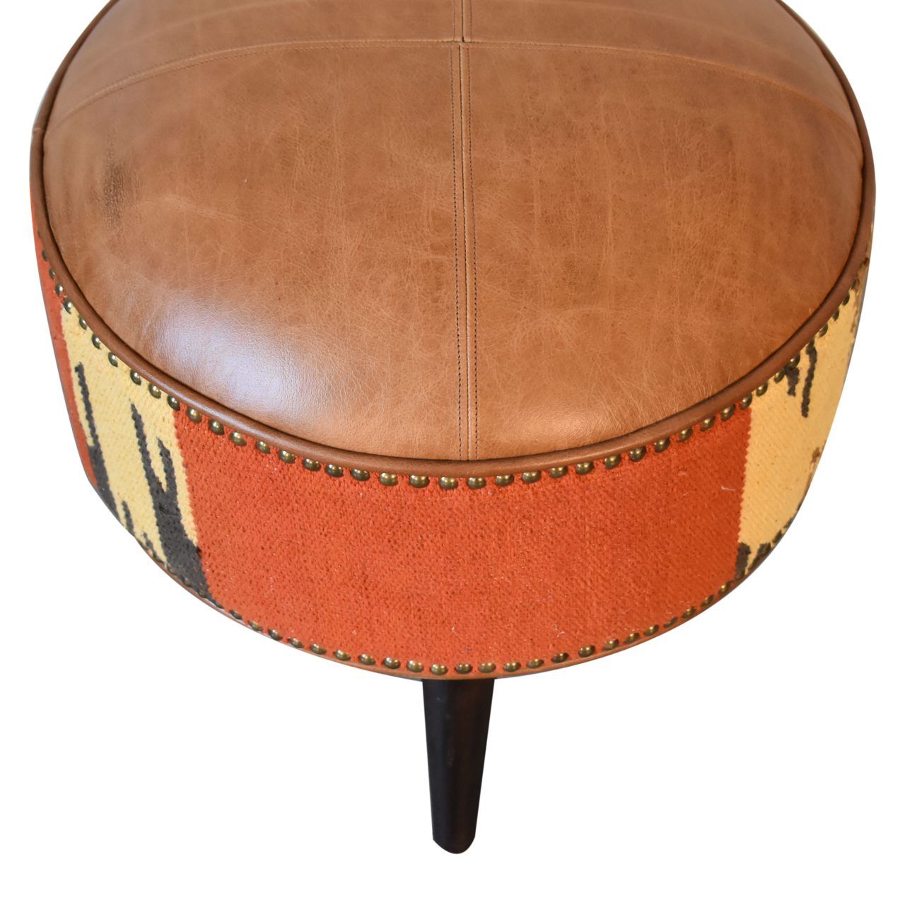 Durrie & Leather Mixed Footstool - Brown