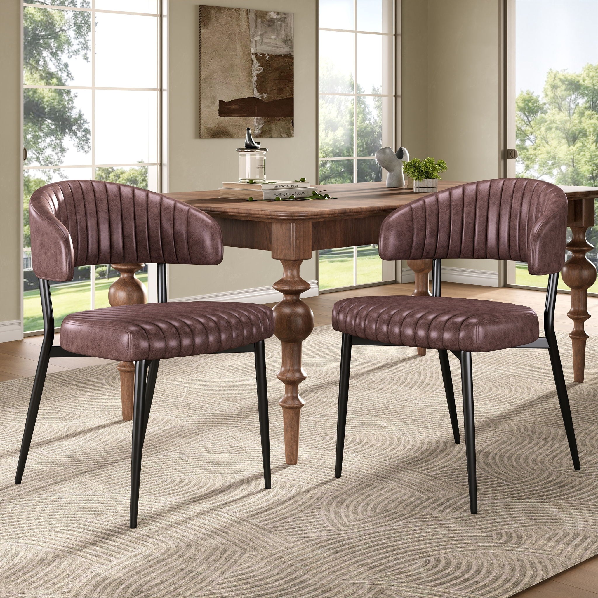 Modern Curved Back Upholstered Dining Chair Set With Metal Legs (Set of 2) - Brown / Black