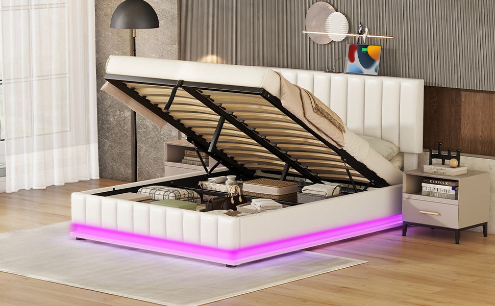 Upholstered Bed With Hydraulic Storage System And LED Light, With Sockets And USB Ports