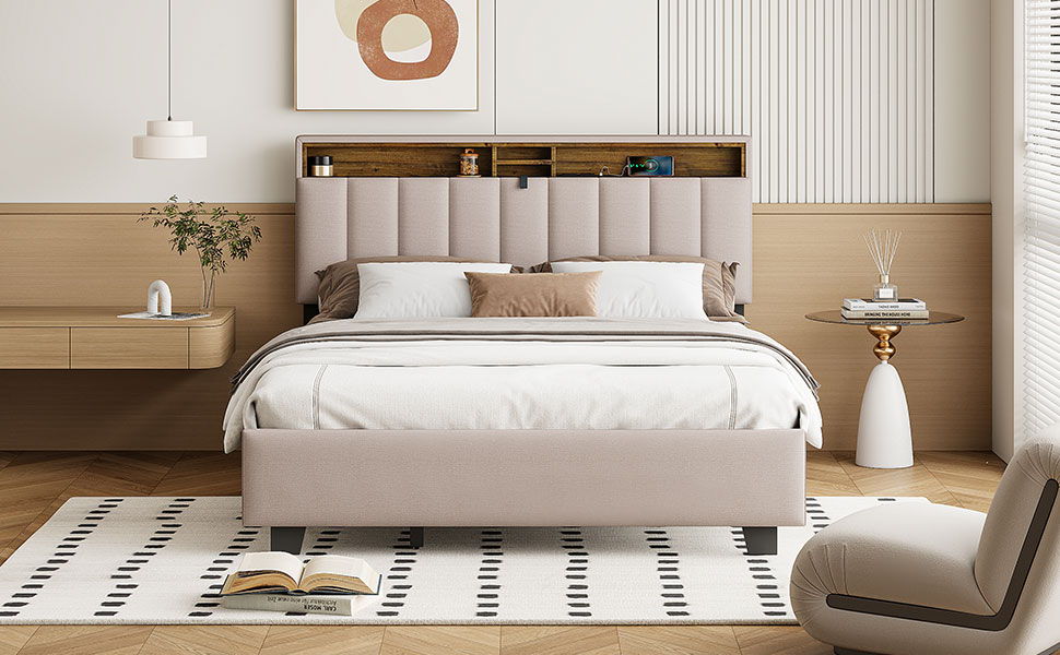 Upholstered Platform Bed With Storage Headboard, Trundle & 2 Drawers And A Set Of Sockets & USB Ports