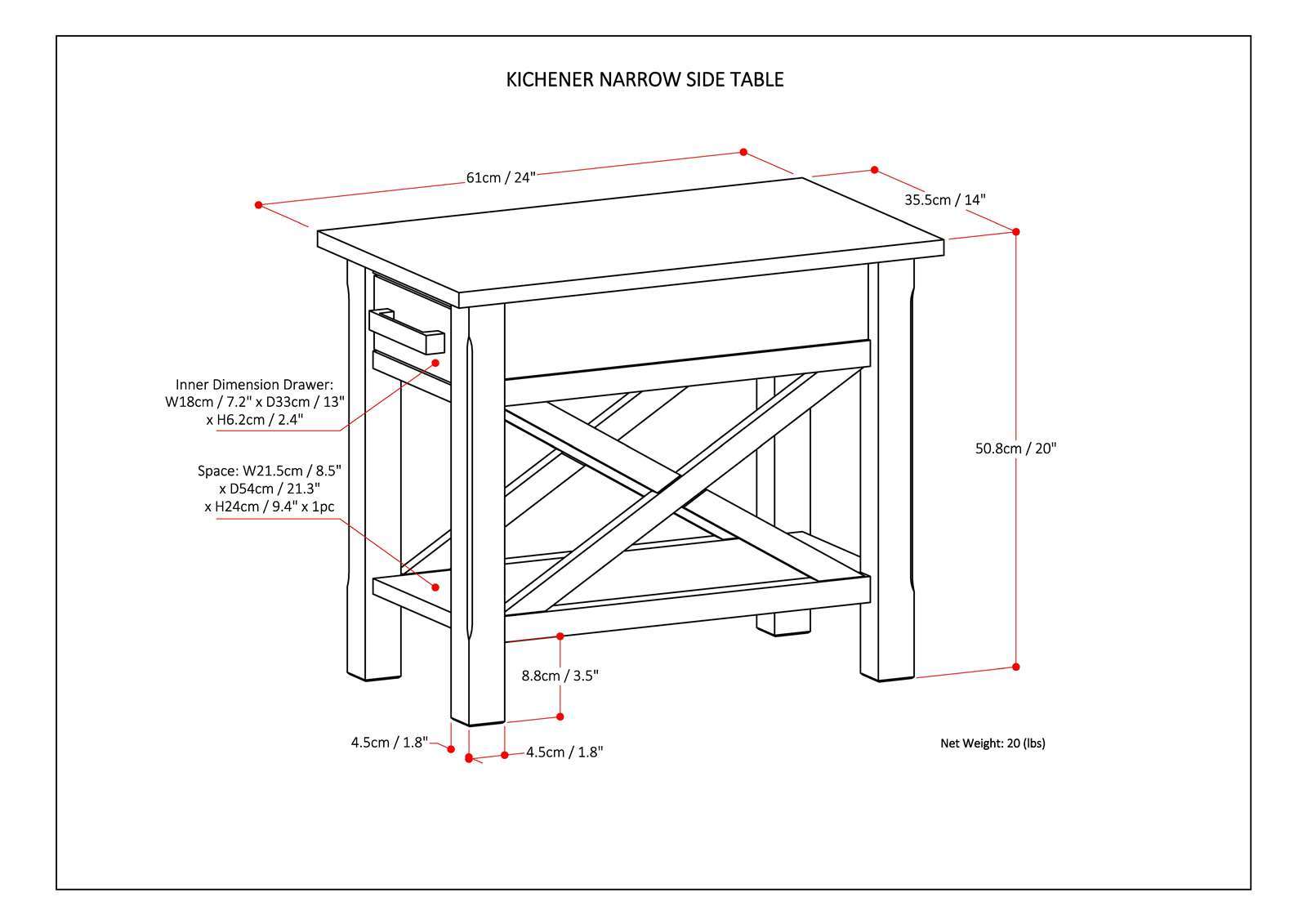 Kitchener - Narrow Side Table - Warm Walnut Brown
