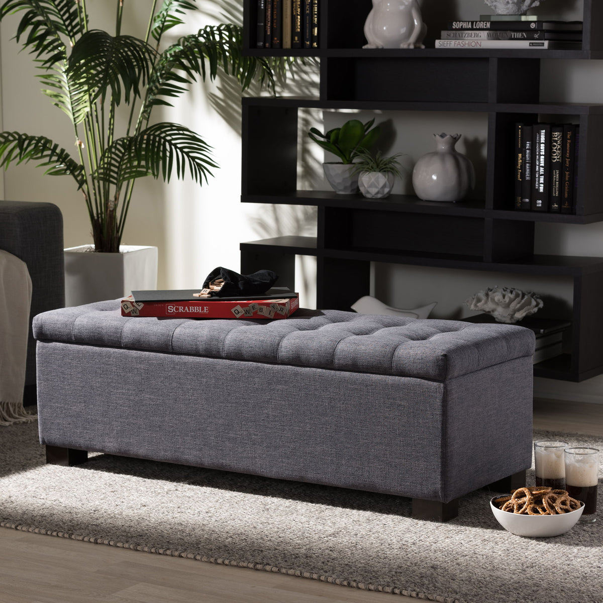 RoaNoke Modern and Contemporary Dark Grey Fabric Upholstered Grid-Tufting Storage Ottoman Bench