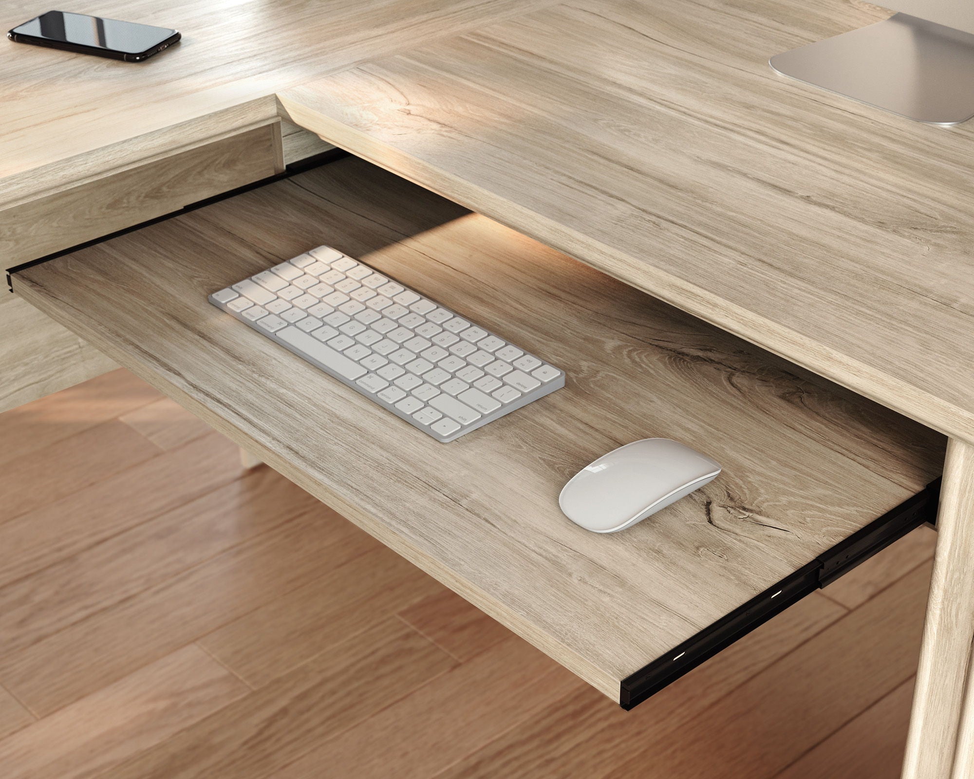 Chalk Oak L-Shaped Desk with Cord Management