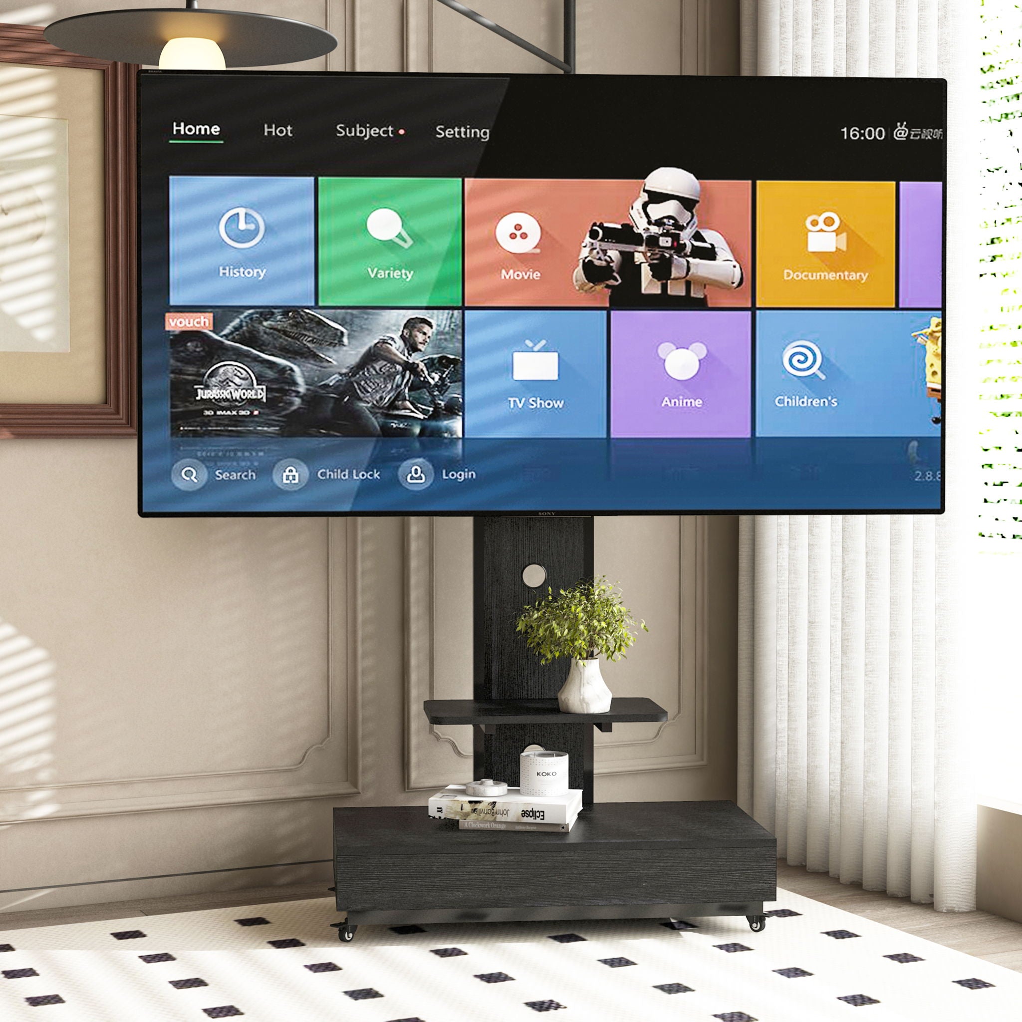 Mobile TV Cart With Push Pull Drawer, Lockable Wheels