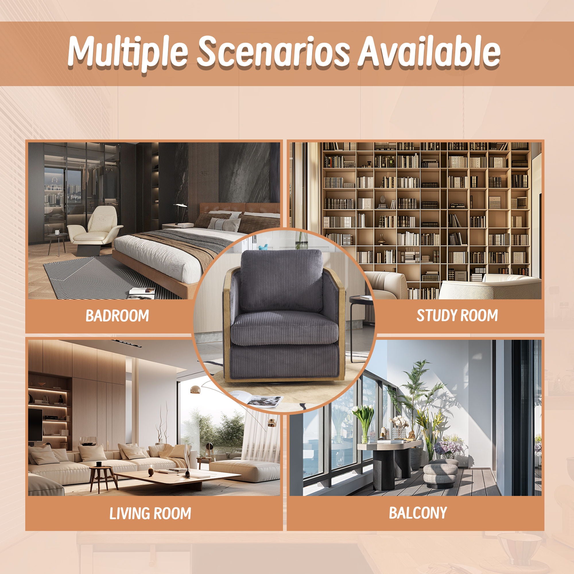 Corduroy Barrel Chair, 360 Degree Swivel