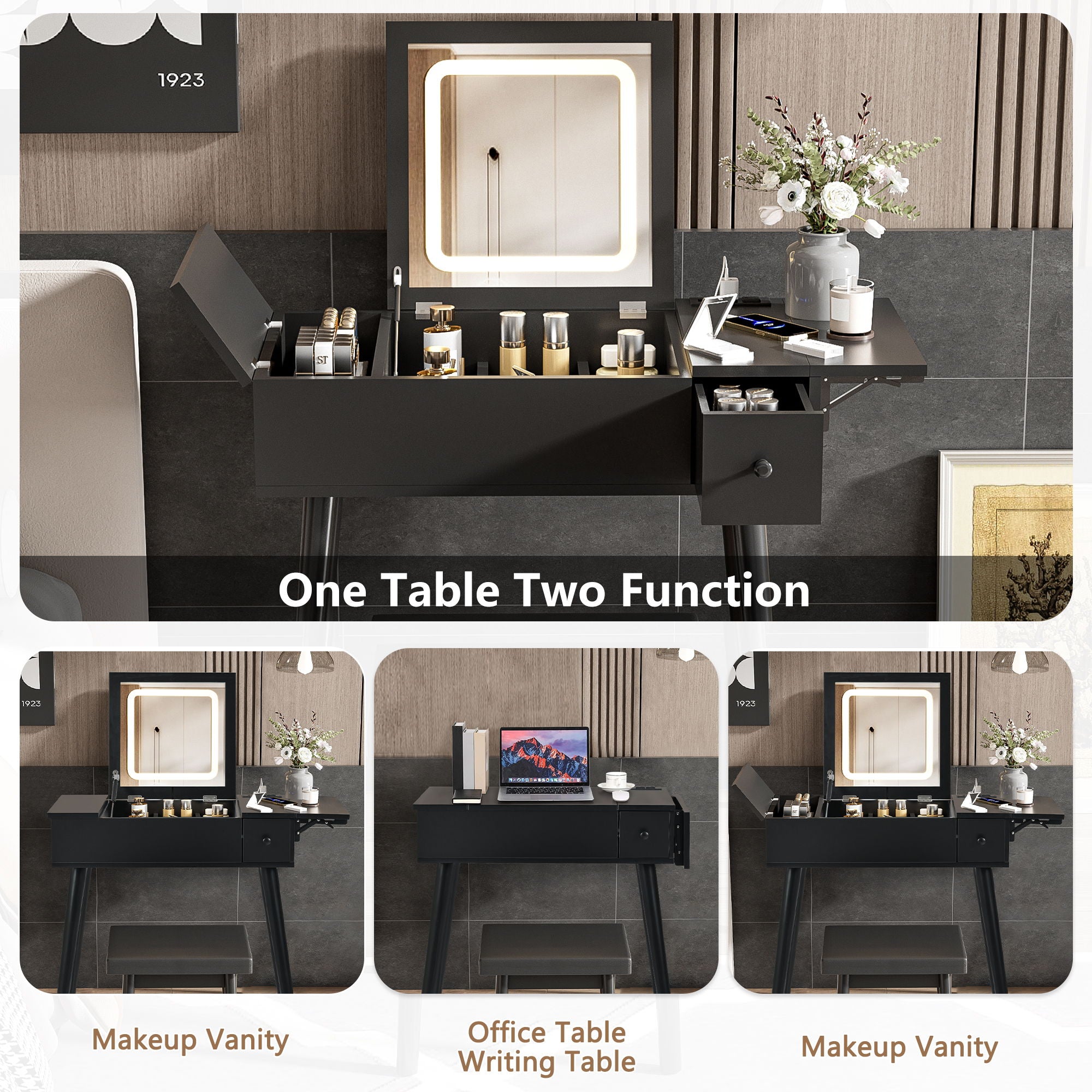 Makeup Vanity Desk With Flip Top Mirror And LED Light, Dressing Table With Charging Station, 2 Drawers And Fold Up Panel, Vanity Set With Cushioned Stool For Bedroom - Black