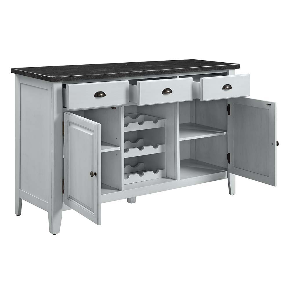 ACME Lanton - Server - Marble & Antique White Finish | Meri Furniture