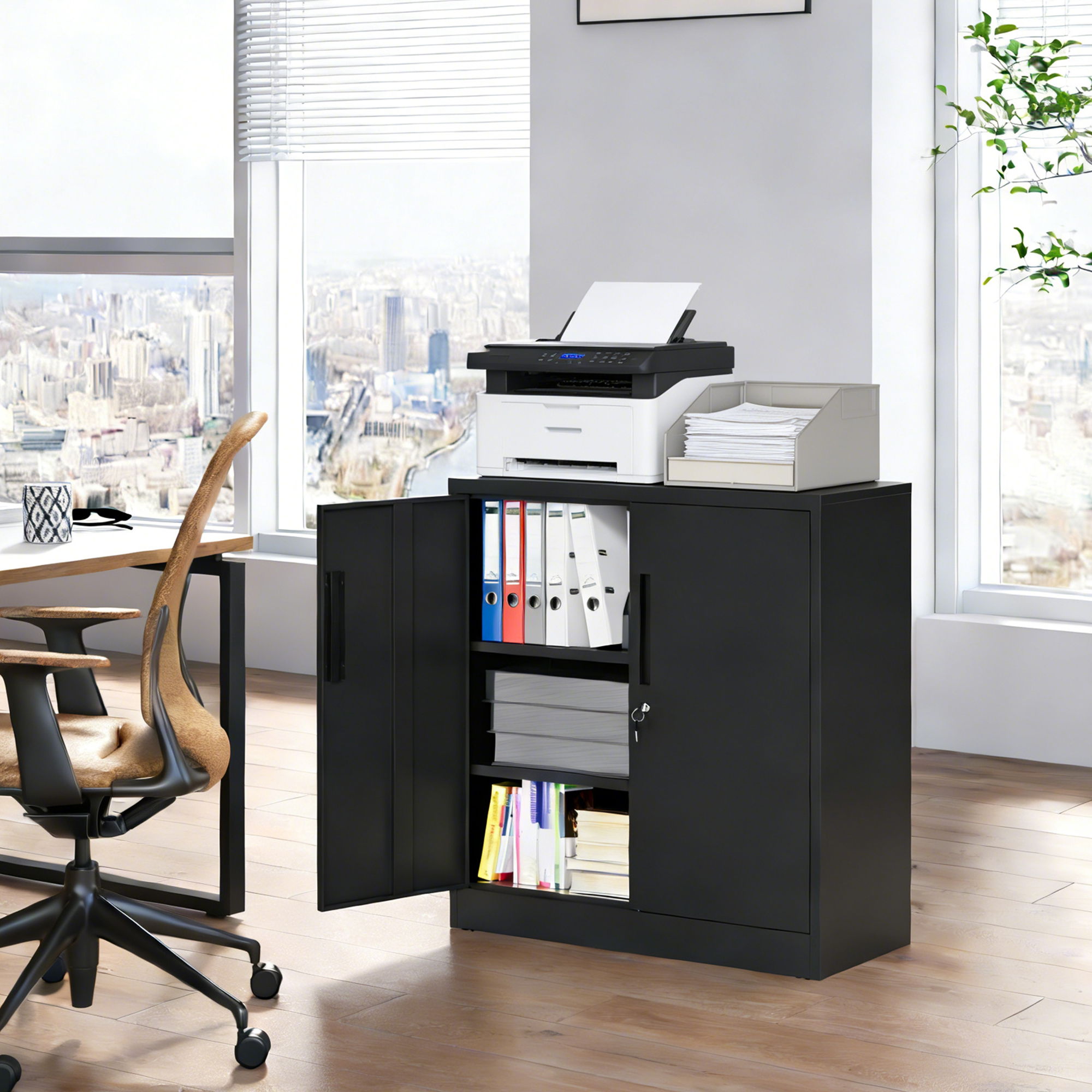 Heavy Duty Storage Cabinet With Lock, 2 Door File Cabinet With 2 Adjustable Shelves - Black