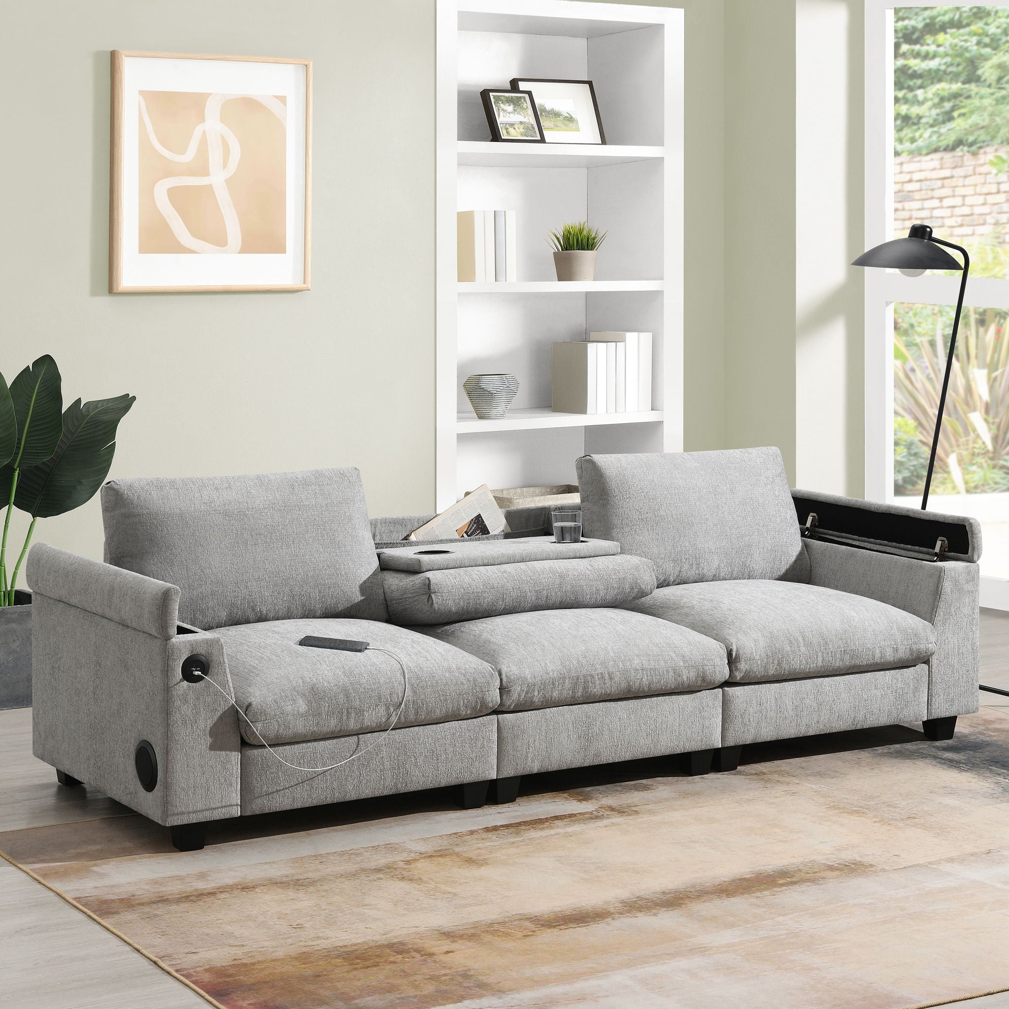 Sectional With Bluetooth Speaker Comfy Cloud Couch Set With Drop Down Table Cup Holders, USB Charger Storage Armrest Wide Seat Sofa