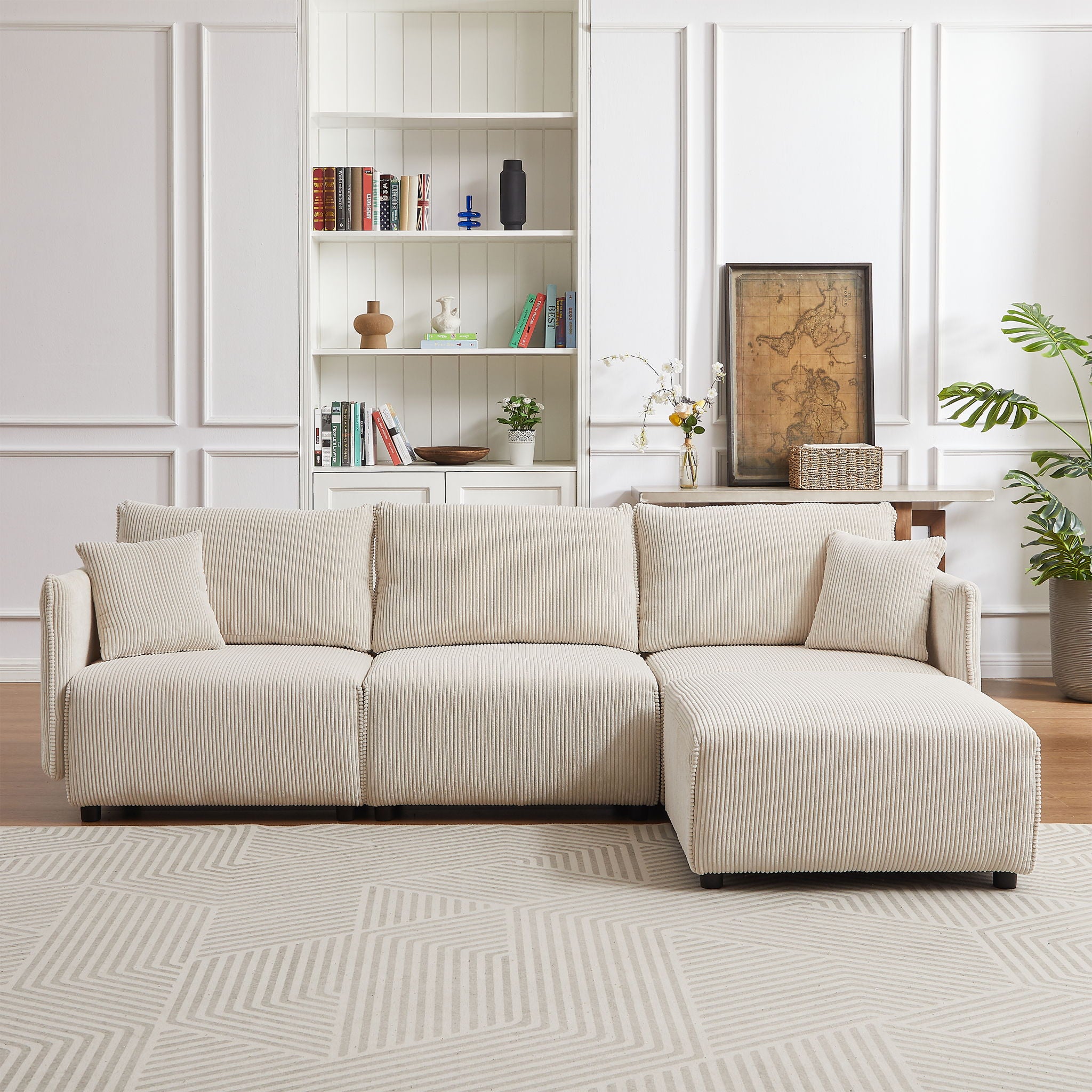 Modern Minimalist Corduroy Combination Sofa With 2 Comfort Cushions With USB & C Charging Ports