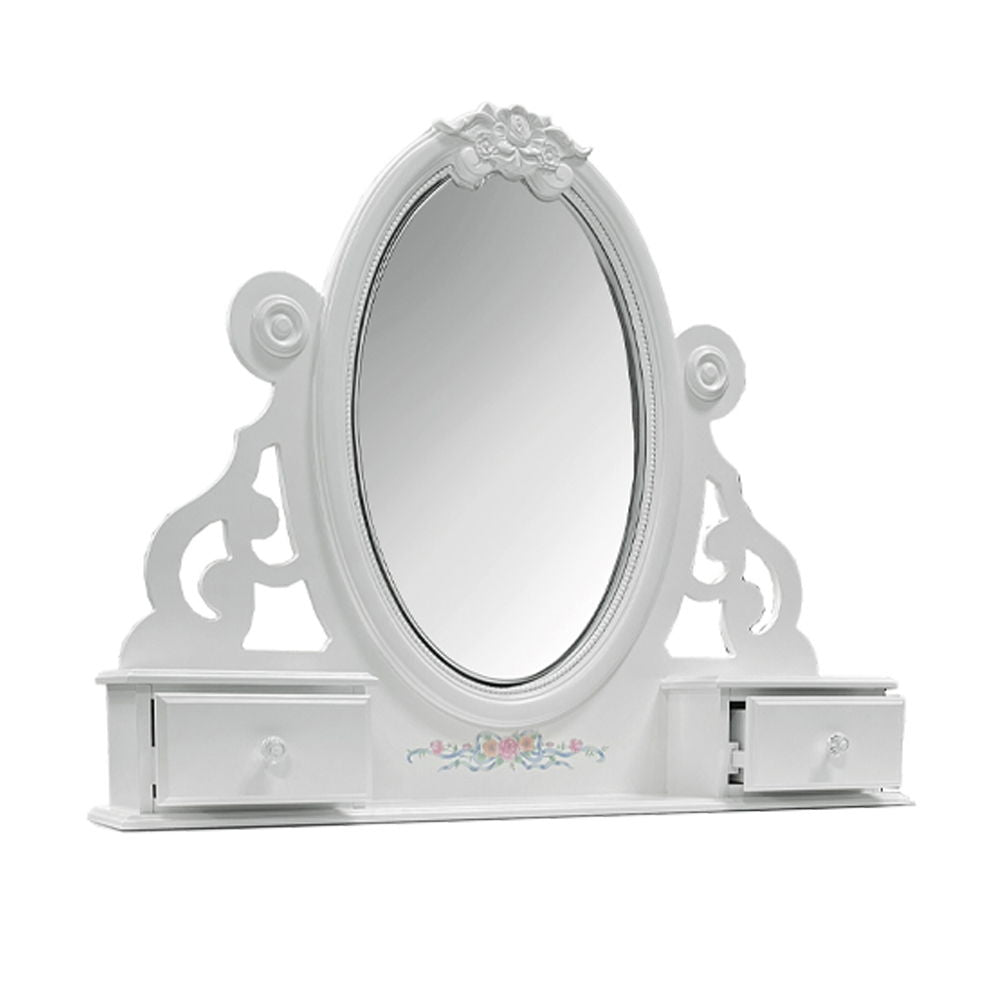 Jewelry Mirror without beveled with 2 Drawer: Wooden Center Drawer Glide, Dovetail Included, Felt-Lined Top Drawer, Hardware: Crystal like Knob