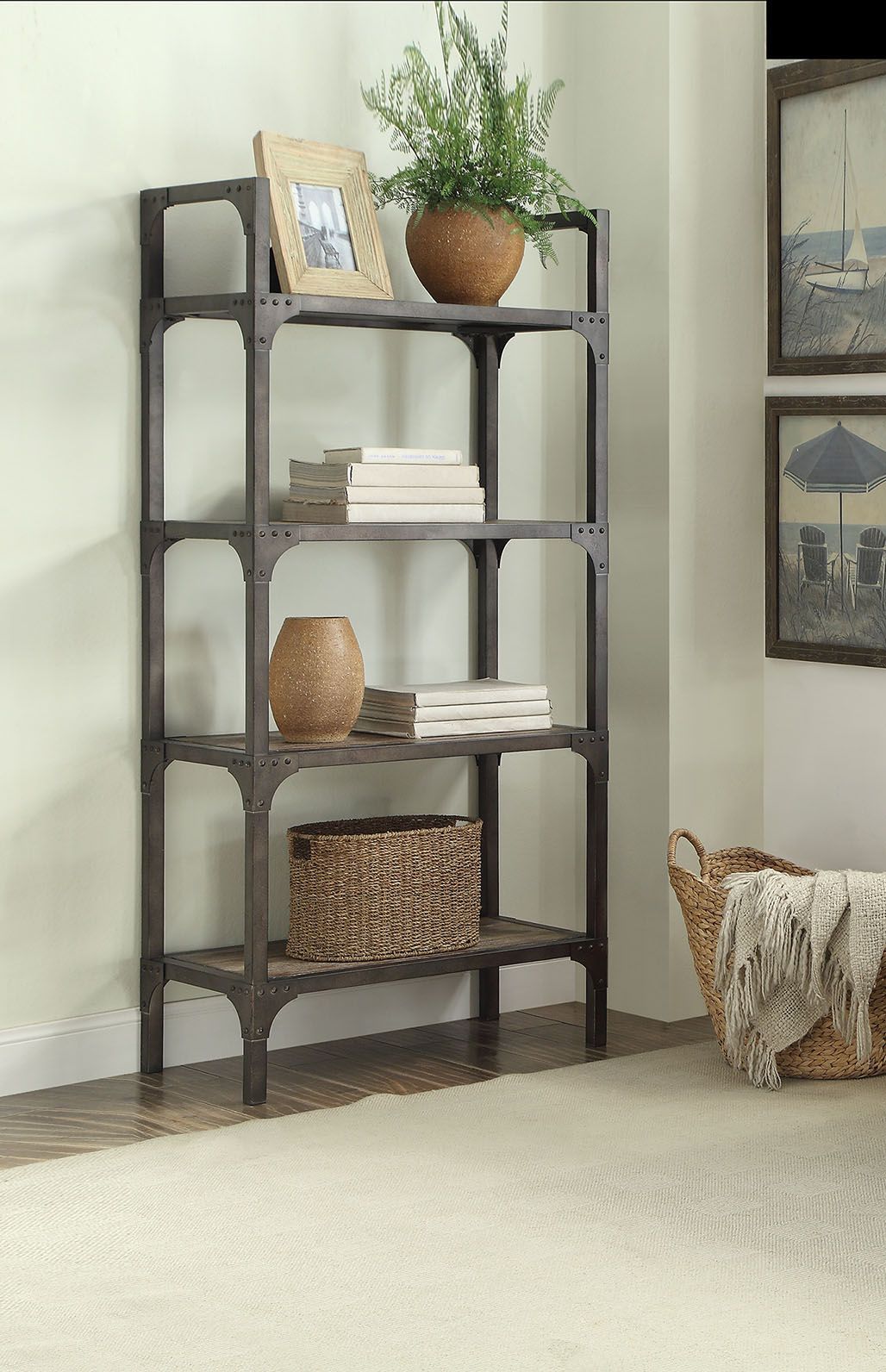 ACME Gorden - Bookshelf - Weathered Oak & Antique Silver | Meri Furniture