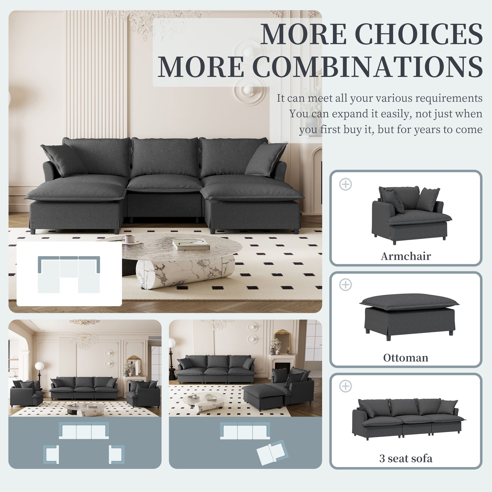 Sectional Sofa With Ottoman Cloud Couch Set With Throw Pillows, Free Combination