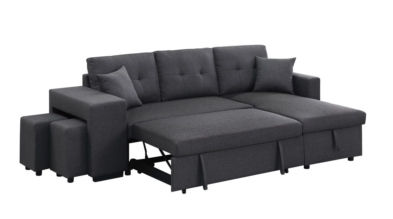 Dennis 93"W Dark Gray Linen Fabric Reversible Sleeper Sectional with Storage Chaise and 2 Stools