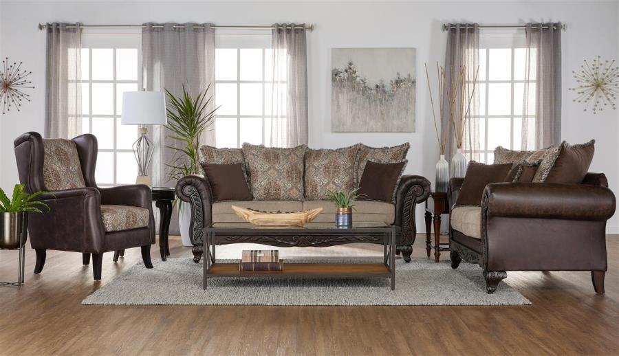 Coaster Fine Furniture Elmbrook - Upholstered Rolled Arm Sofa Set With Intricate Wood | Meri Furniture