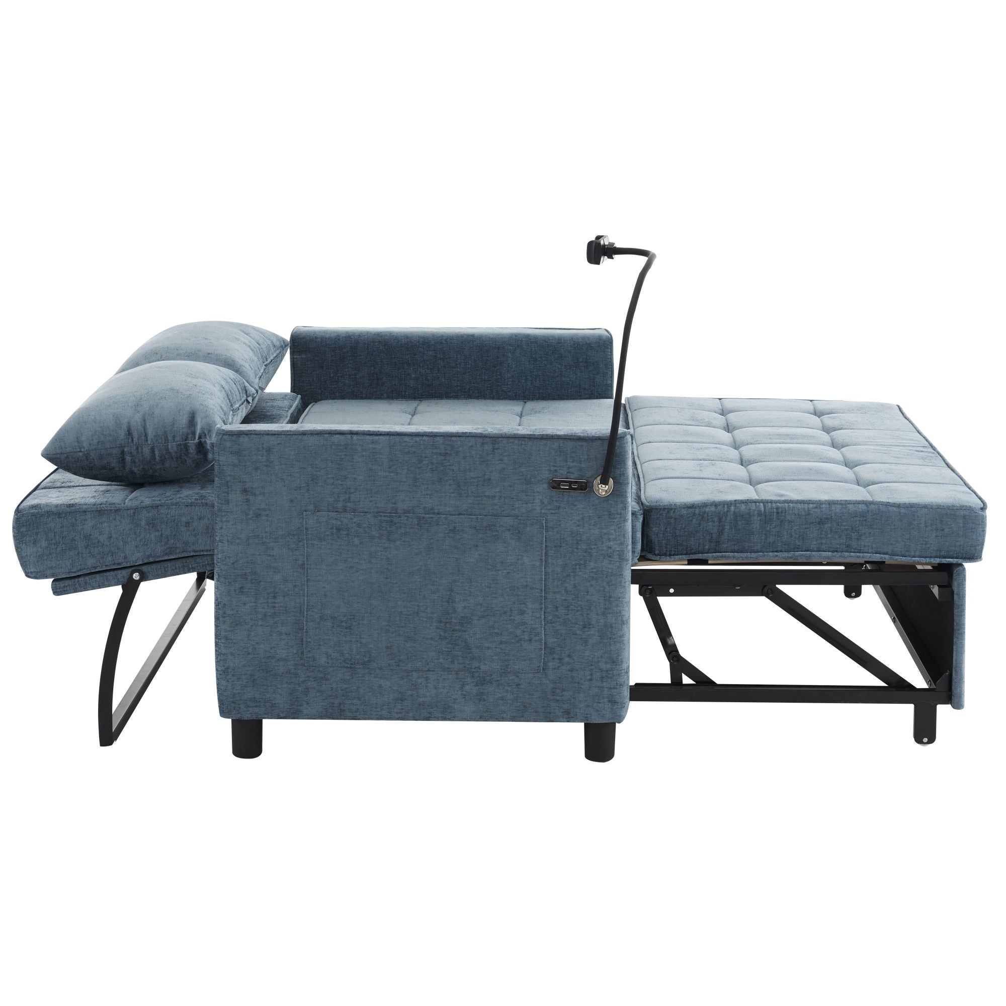 Pull-Out Sleeper Sofa With Reversible Backrest Cushion, Side Pockets, 2 USB Ports And A Phone Holder For Living Room