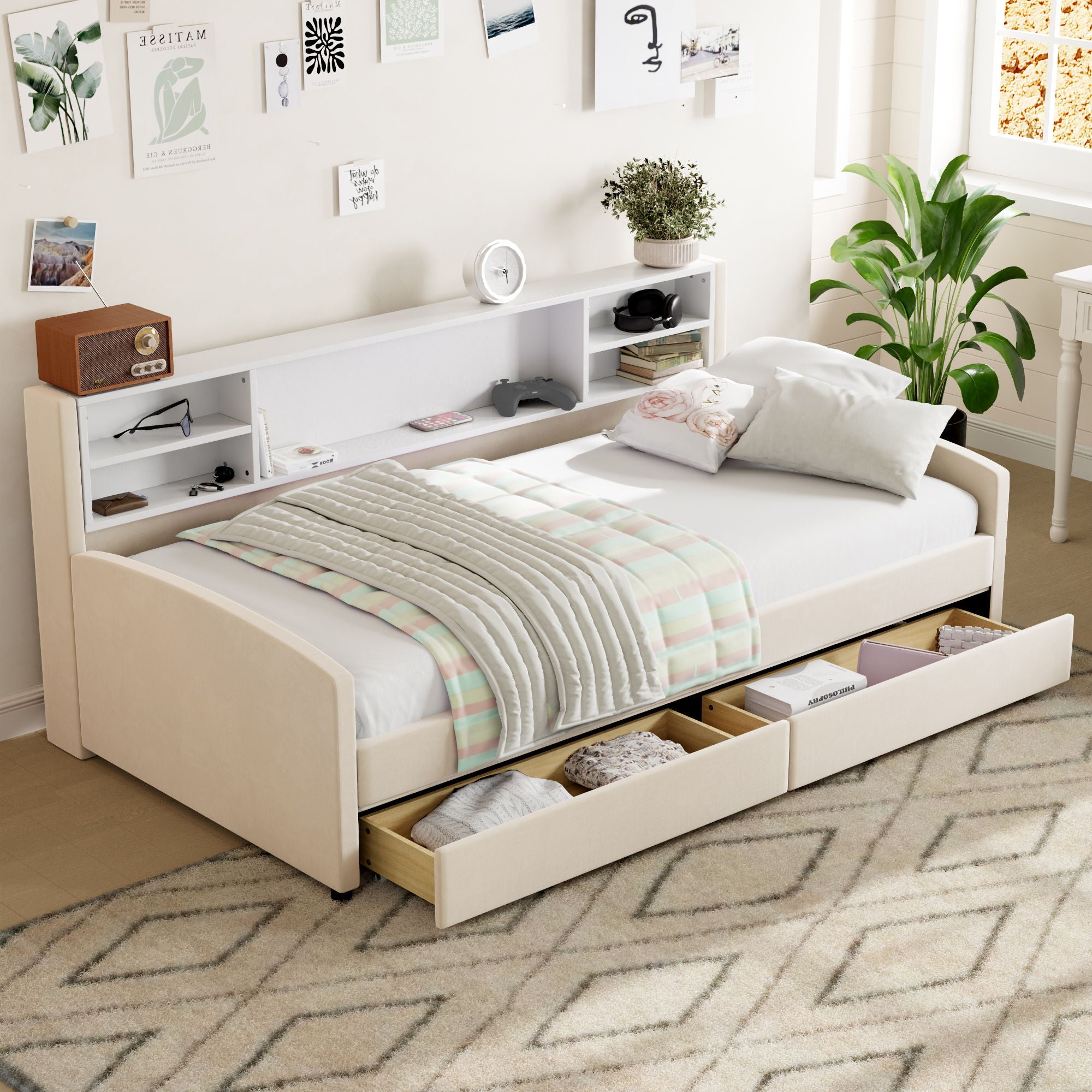 Luxurious Upholstered Platform Bed With Storage Drawers