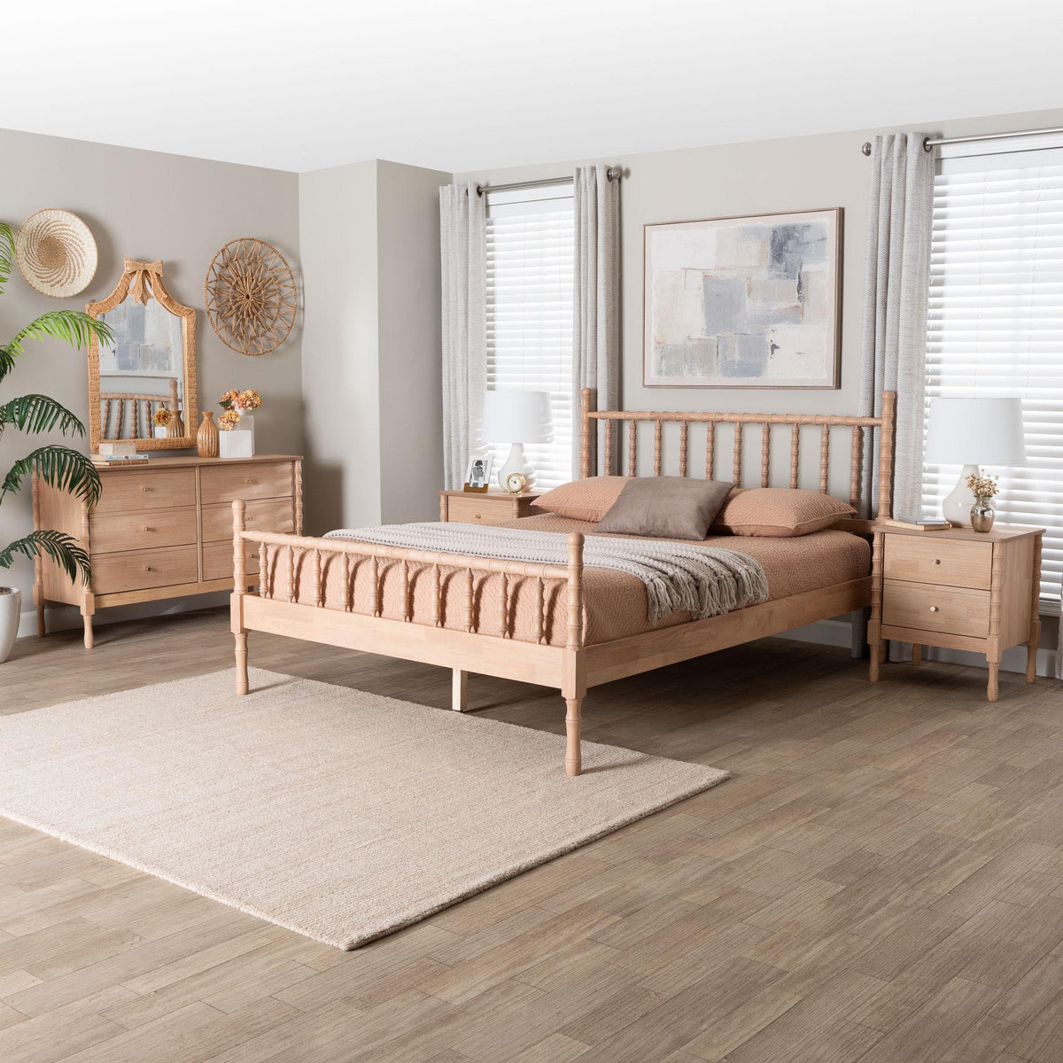 Laurent Bamboo-Style 4-Piece Bedroom Set - Spindle Platform Bed with Matching Dresser and Two Nightstands, Cottage Farmhouse Style, Queen