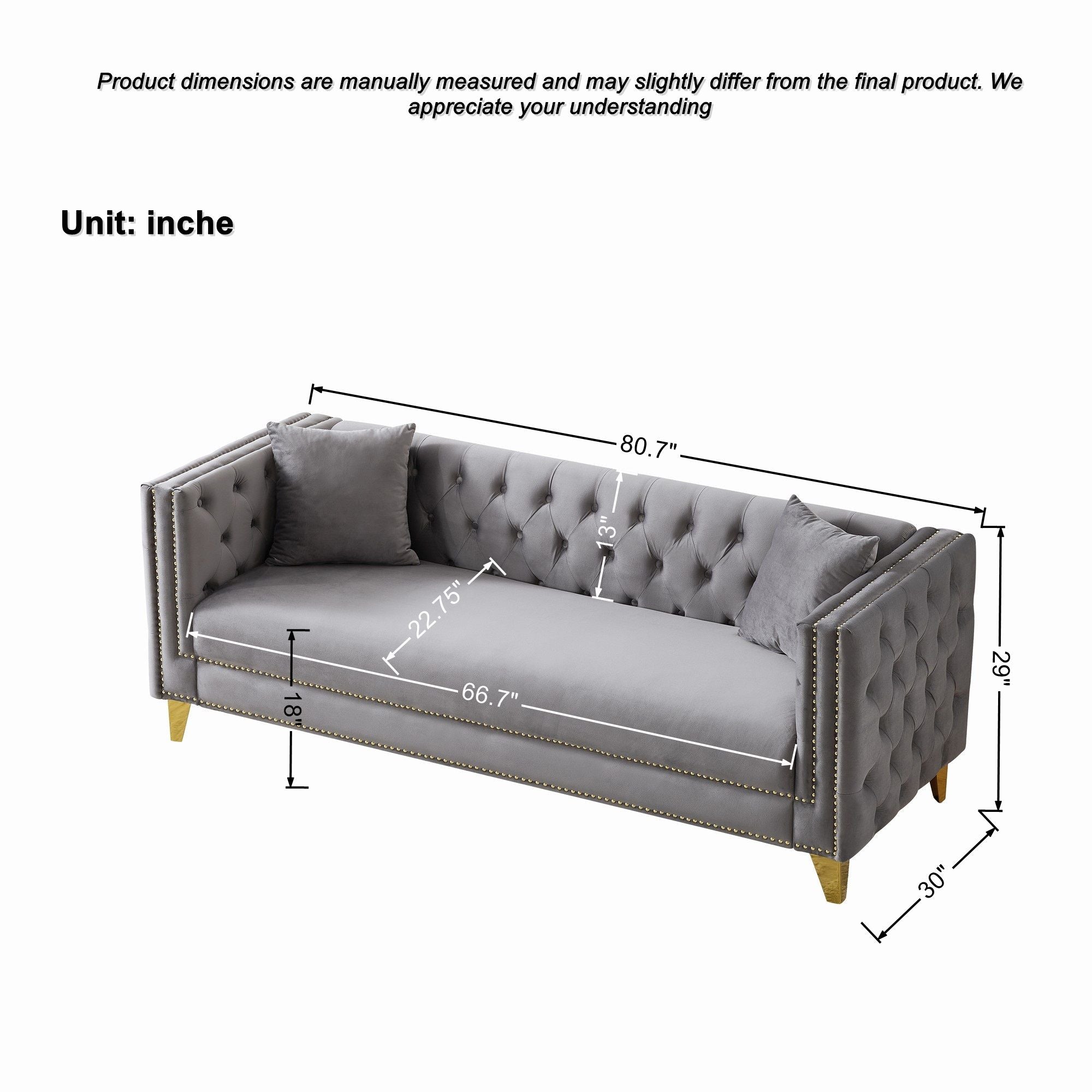 3 Seater Deep Seat Sofa, Sofa With Button Nailhead, Square Arm