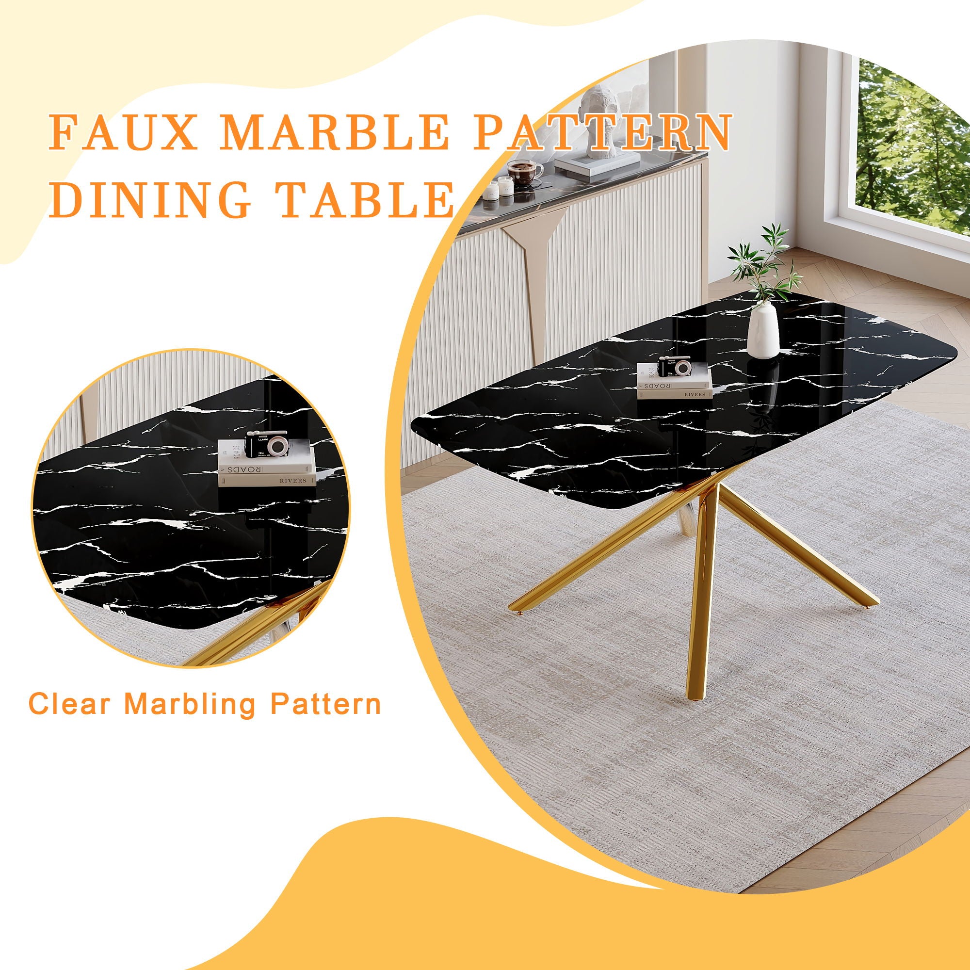 Luxurious Marble Patterned Dining Table With Metal Fork Legs