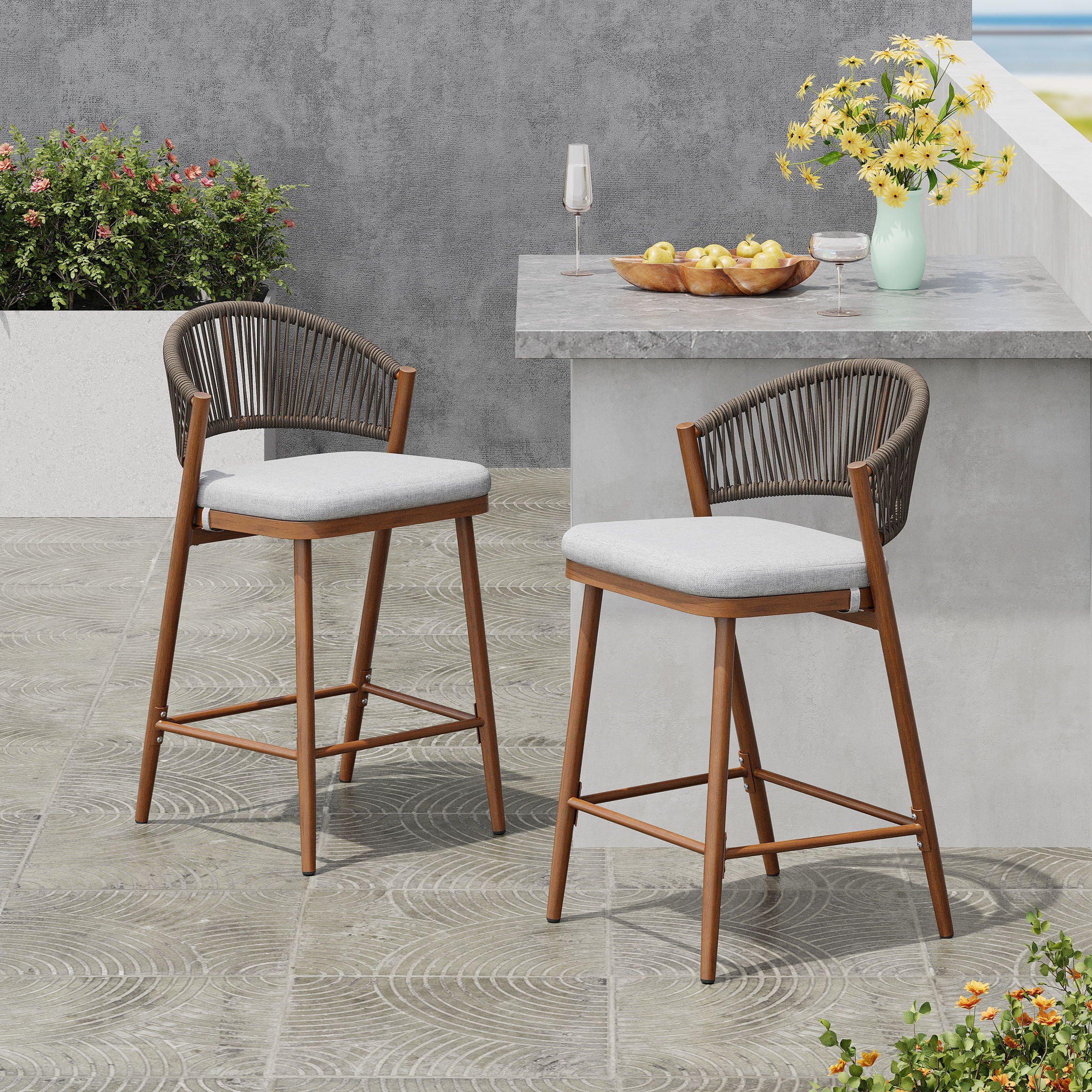 Outdoor 26" Counter Height Metal Frame Counter Stools With Scallop Shaped Backrest & Water Resistant Cushions