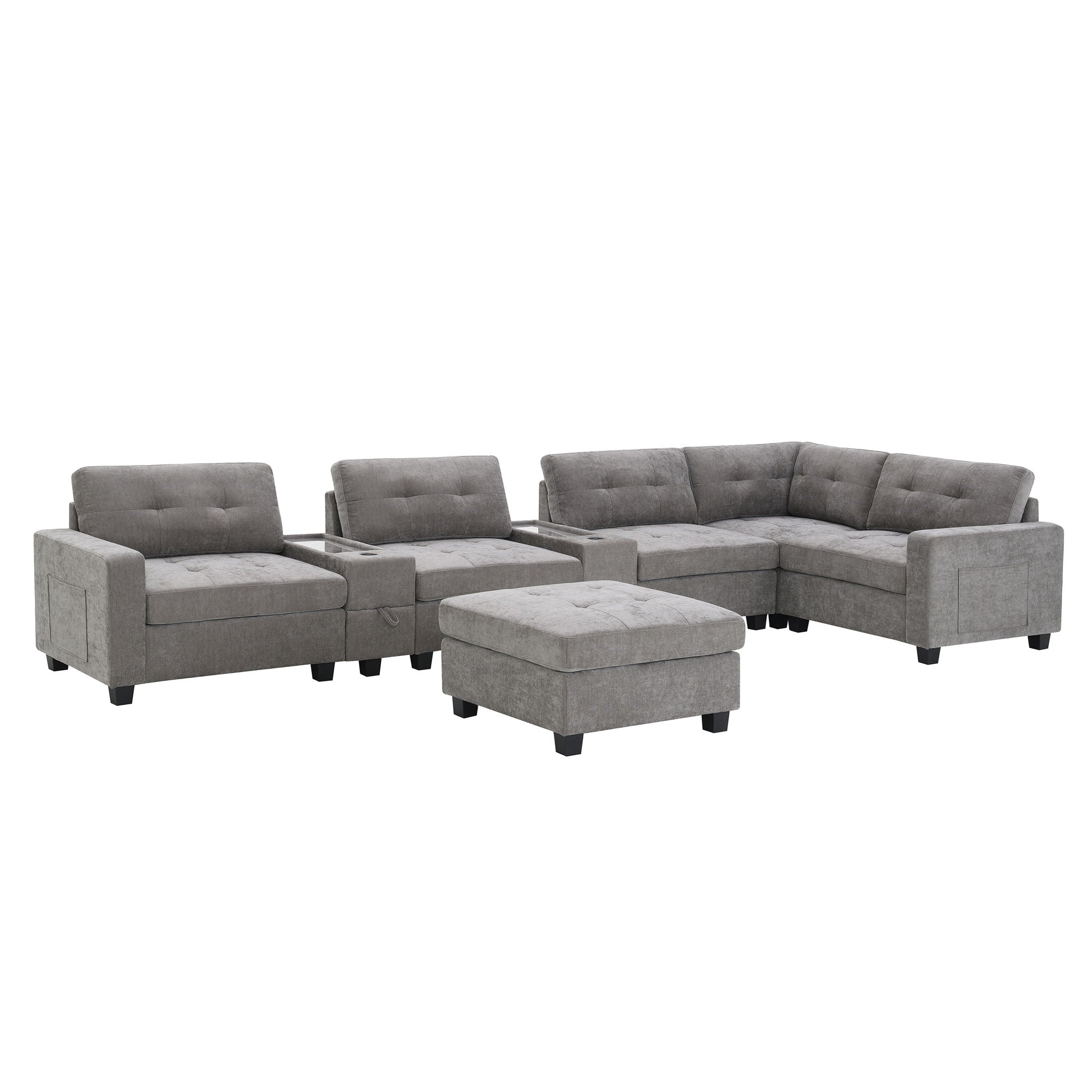 Sectional With Acrylic Table Top U Shaped Couch Set With 2 Consoles USB Charger, Storage Drawers And Pockets Movable Ottoman Tufted Sofa