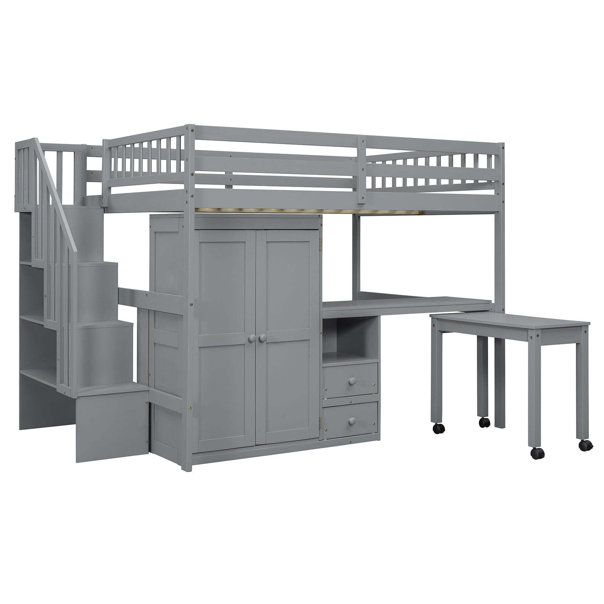 Loft Bed With Stairs, Bookshelf, Drawers, Desk & Wardrobe, Space Saving Multifunctional Furniture