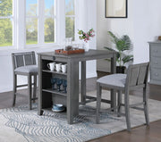 Graham 36" 3-Piece Gray Finish Small Space Counter Height Dining Table with Shelves and 2 Chairs