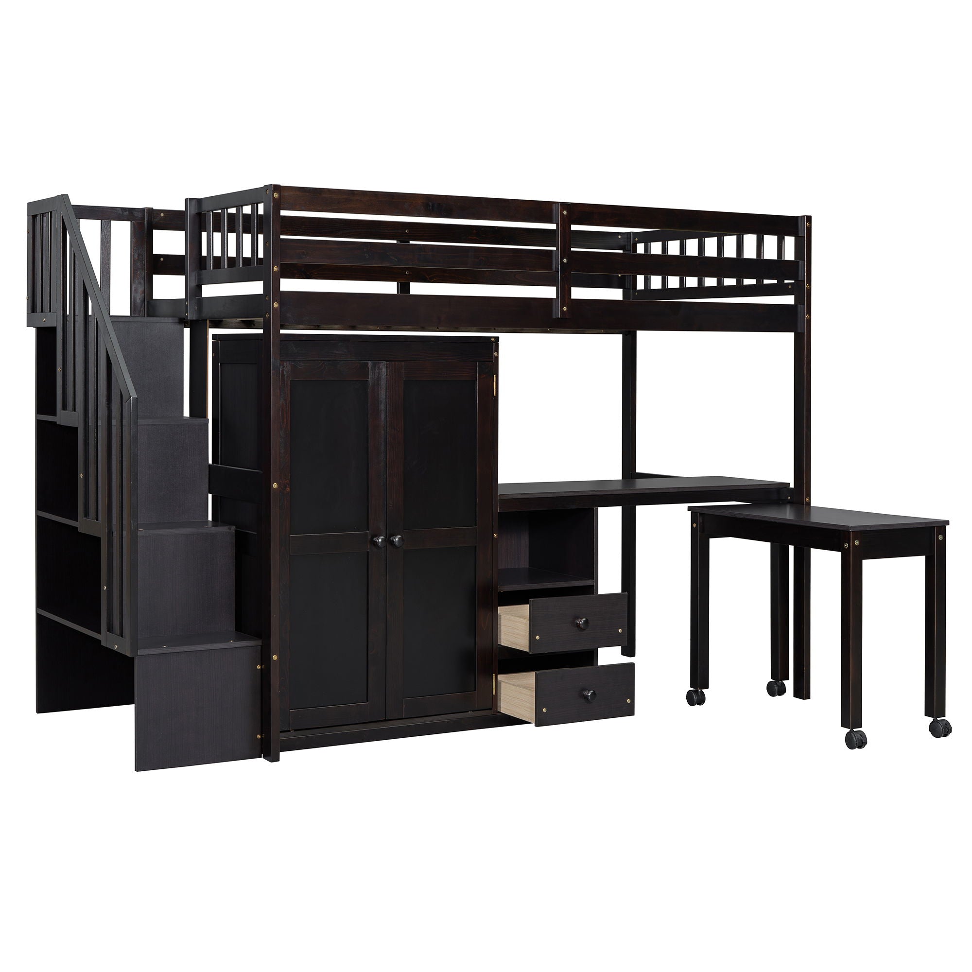 Loft Bed With Stairs, Bookshelf, Drawers, Desk & Wardrobe, Space Saving Multifunctional Furniture