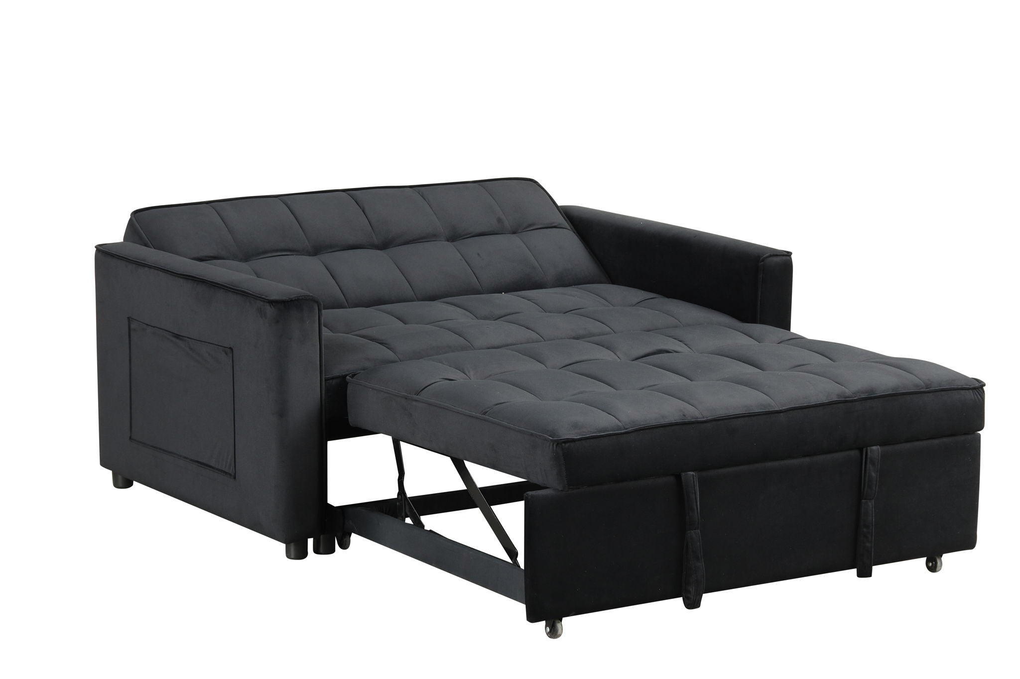 Maeve - Velvet Convertible Sleeper Loveseat With Tufting and Side Pocket - Black
