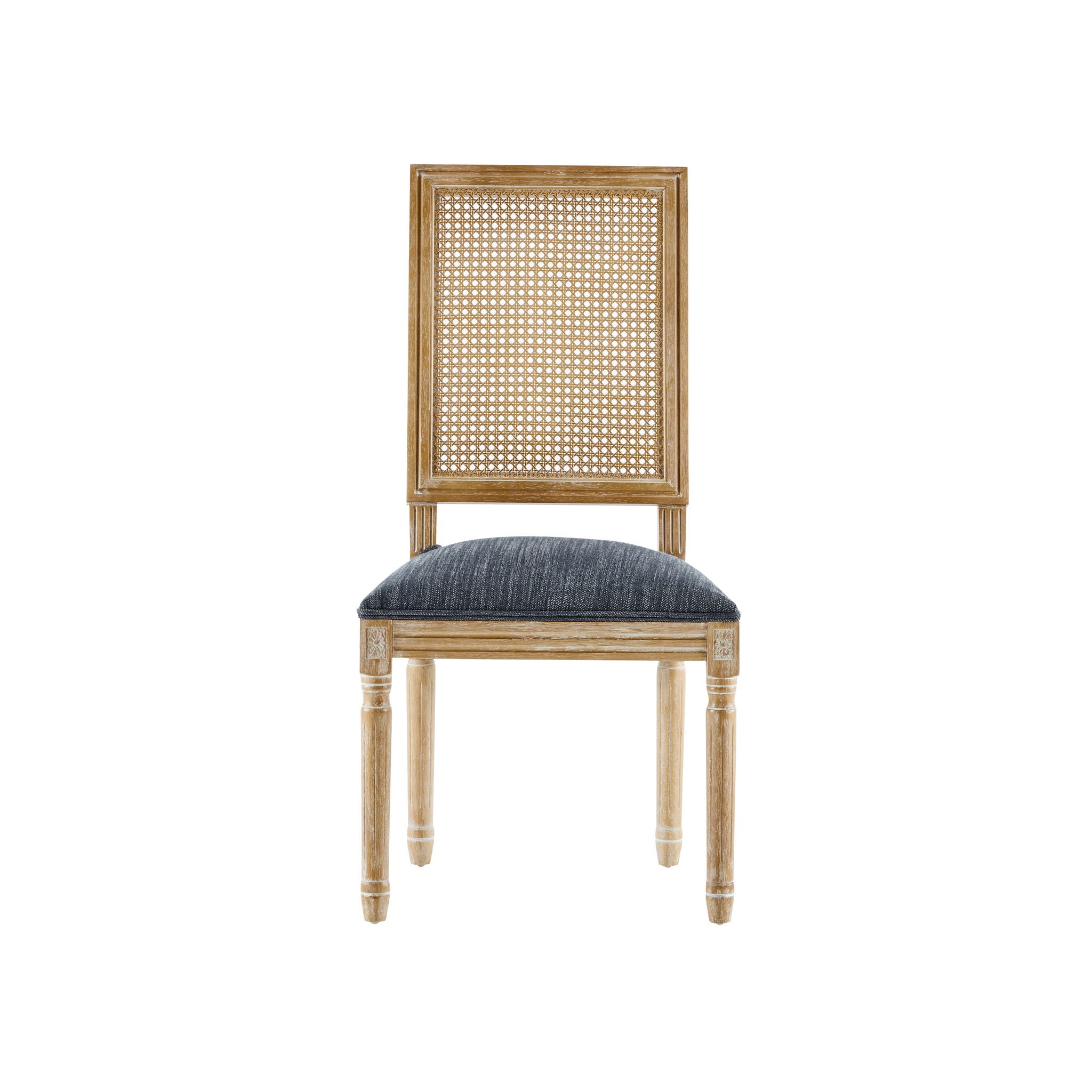 French Country Dining Chair With Rectangular Cane Backrest And Smooth Upholstered Seating