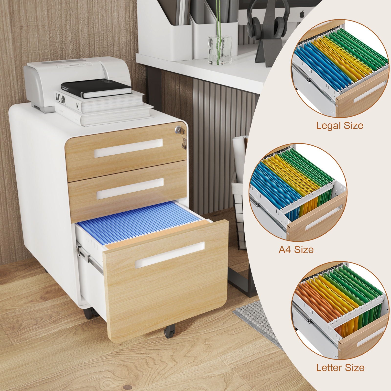 3 Drawer Mobile File Cabinet Under Desk Office, Simple Style Versatile Storage Cabinet For Legal / Letter / A4 Files, 5 Wheel Design Anti-Tilting Cold Rolled Steel Waterproof Moisture-Proof