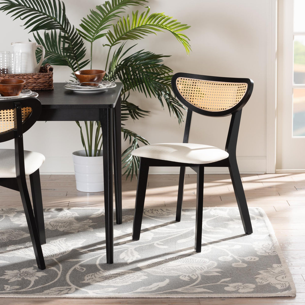 Dannell Mid-Century Modern Cream Fabric and Black Finished Wood 2-Piece Dining Chair Set