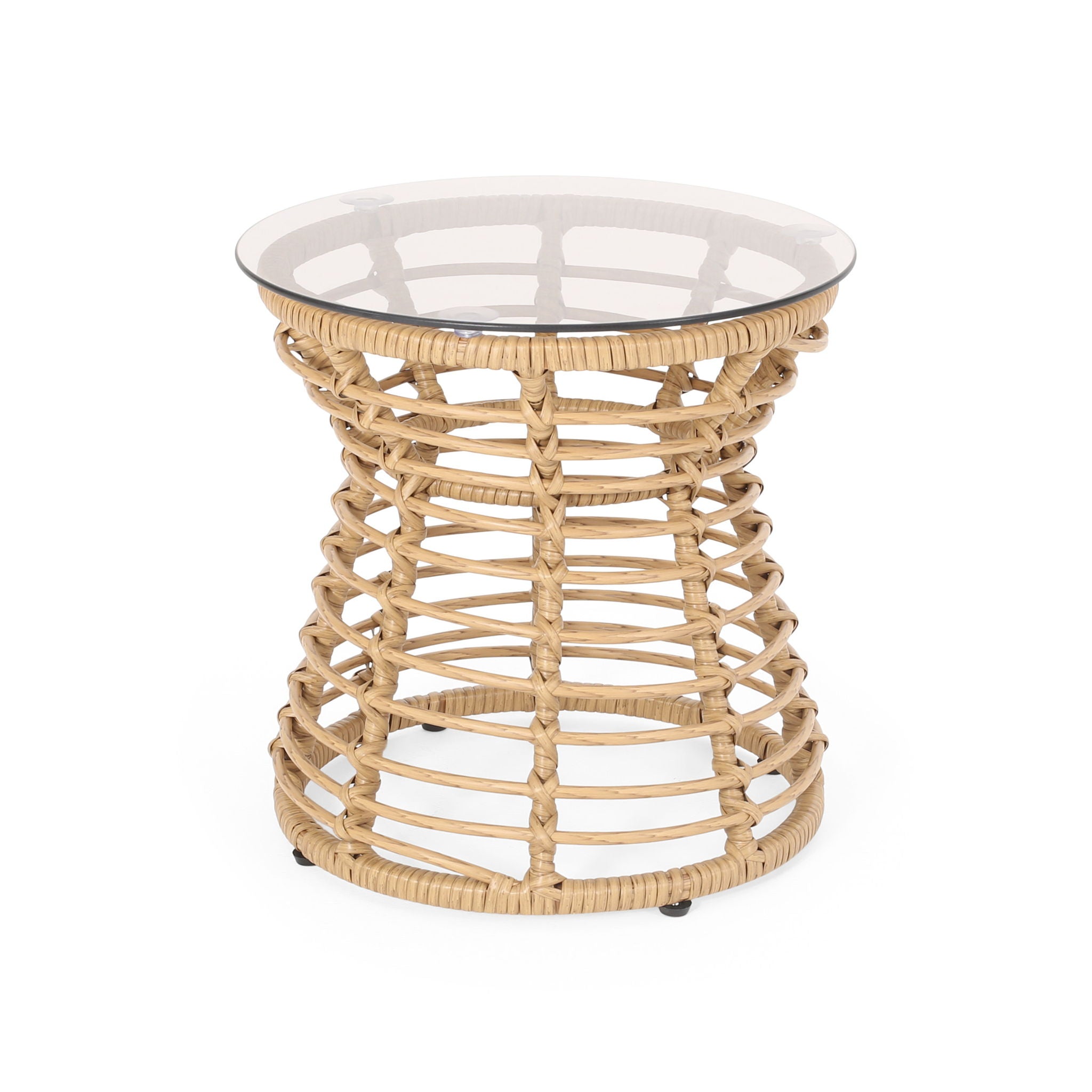 San Pedro - Boho Style Side Table With Tempered Glass Top - Light Brown Rattan