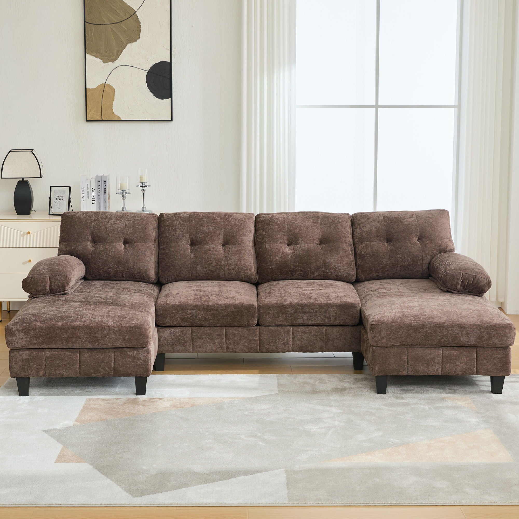 U-Shaped Sectional Sofa 103.5" Black Chenille Fabric Couch With Dual Chaise Lounges, Storage Pockets, Armrest Pillows